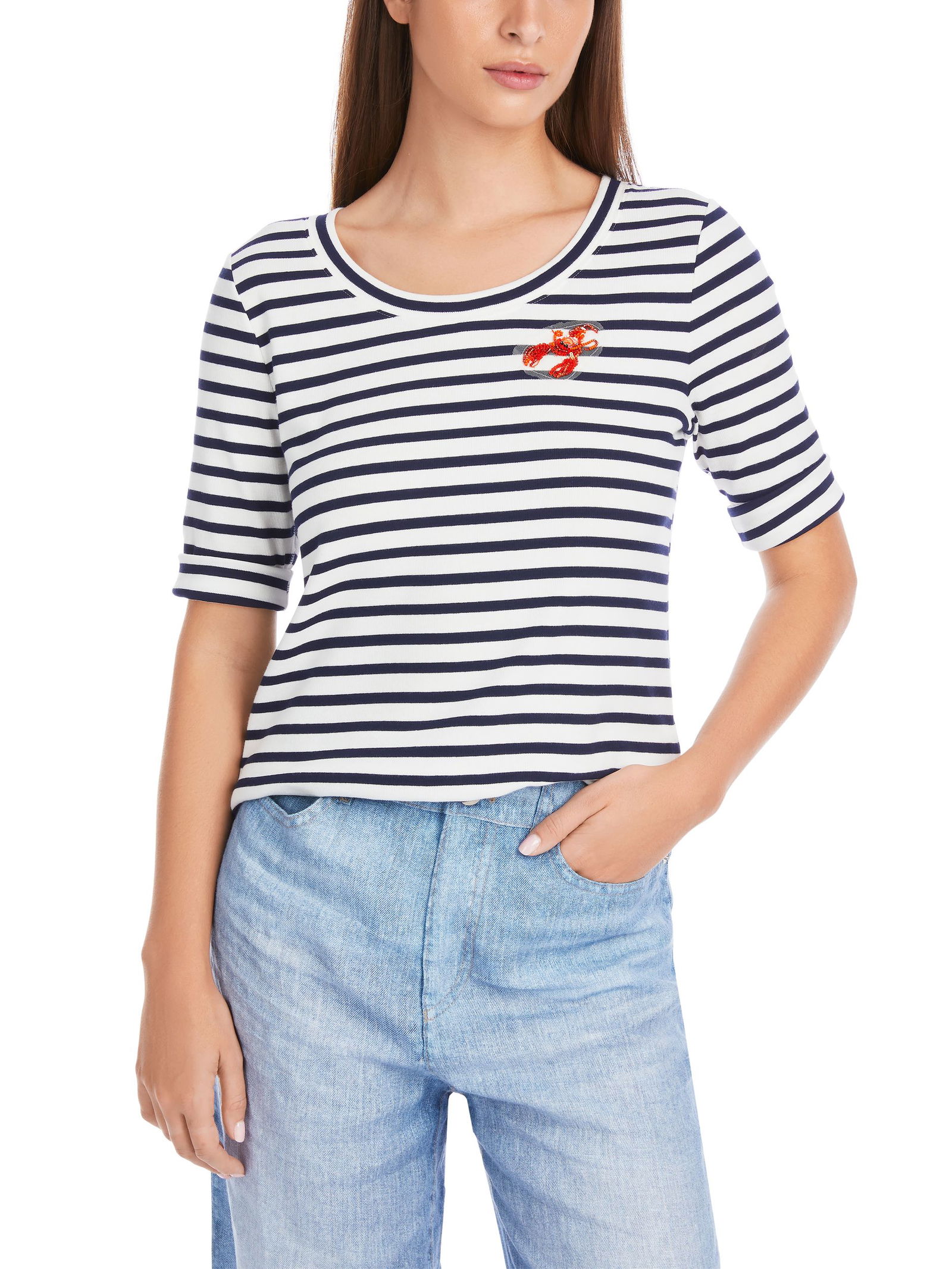 Marc Cain Additions | Gestreiftes T-Shirt in Cotton-Ripp | 42 | navy