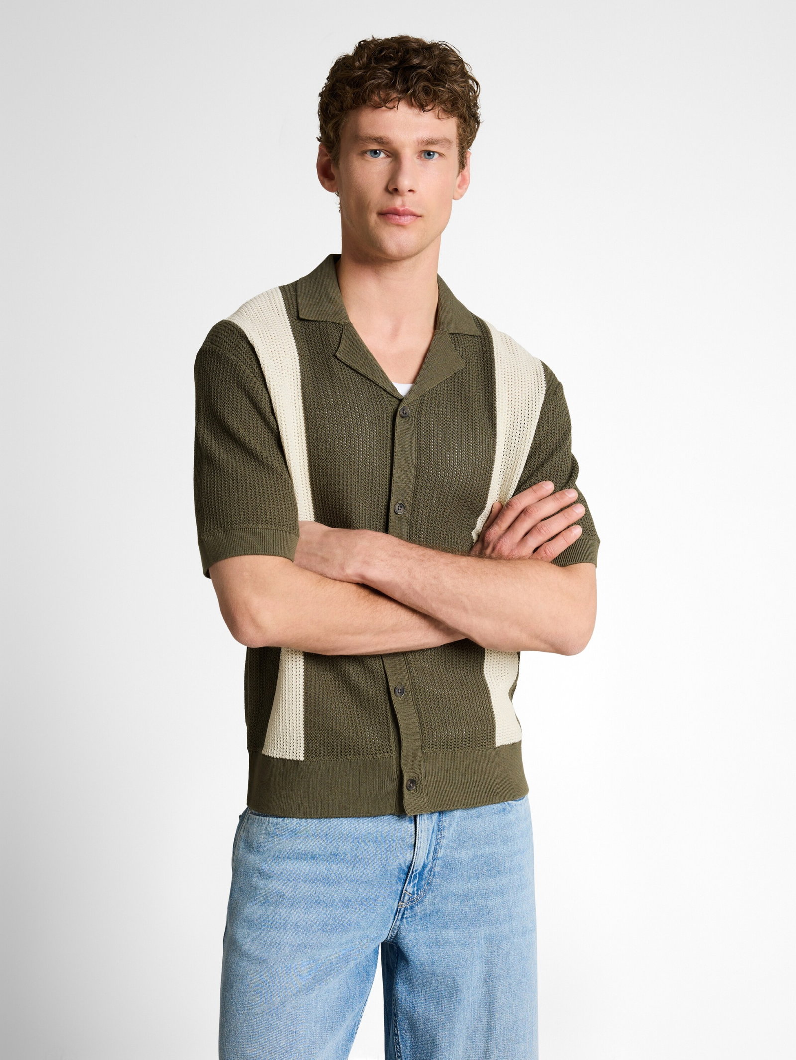 open knit polo, faded green white colorblock #6