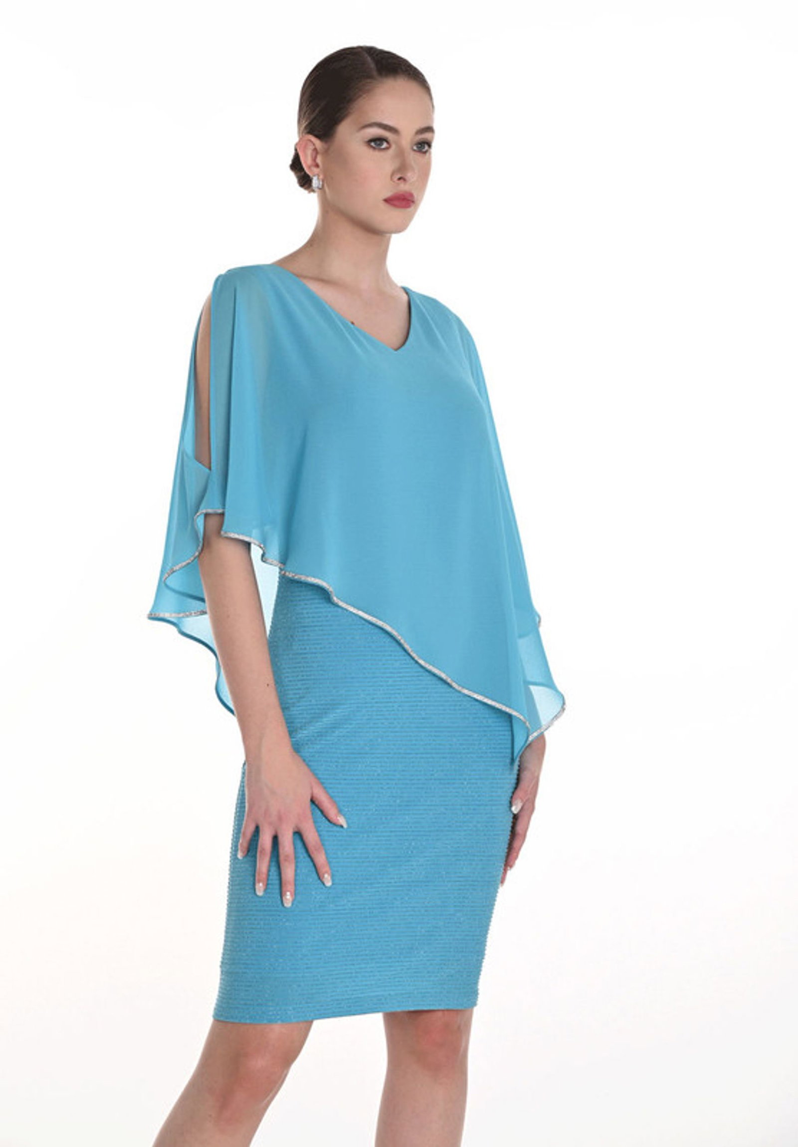 Frank Lyman Etuikleid mit asymmetrischem Chiffon-Overlay #1