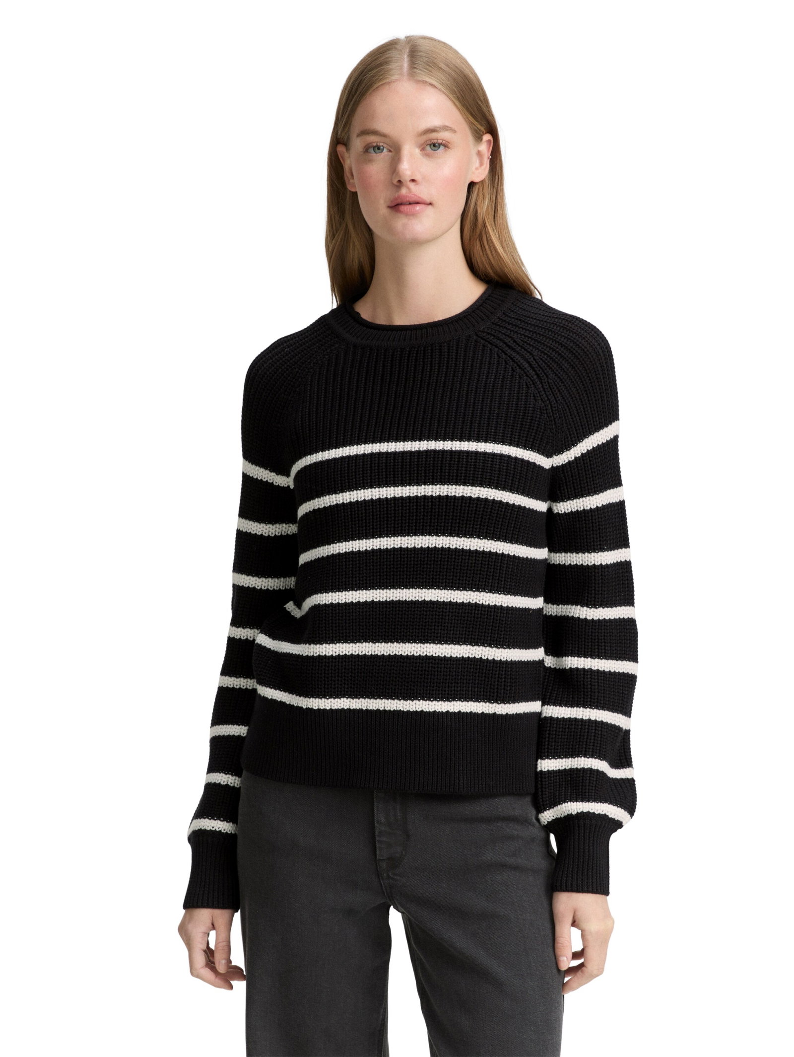 crew neck pullover, placed black white stripe #5