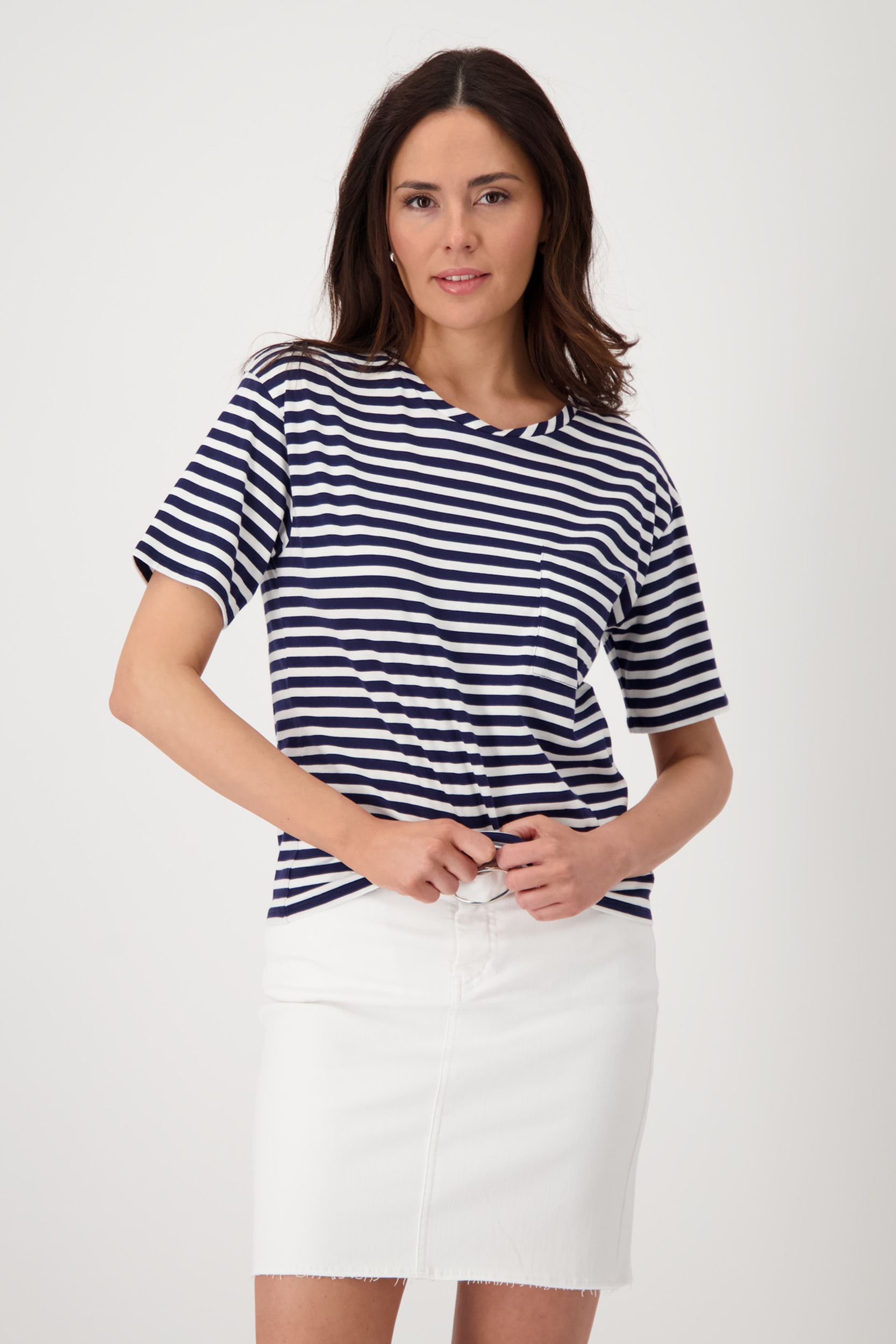 Monari |  T-Shirt, navy blue ringel | 44