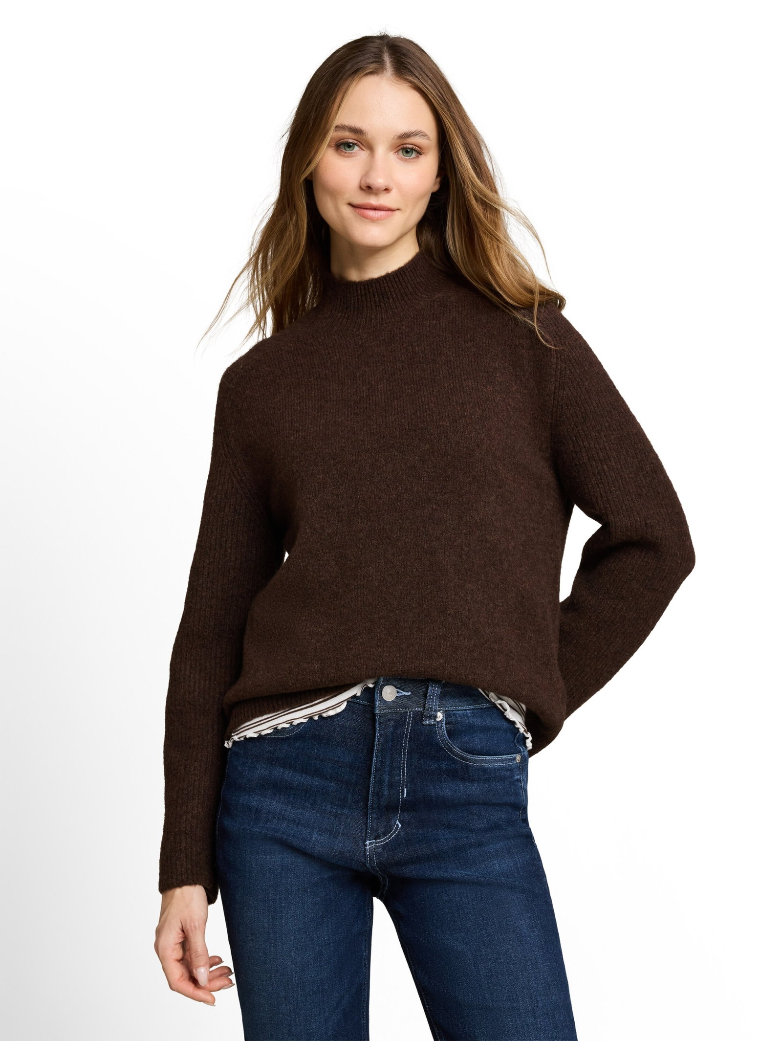 knit mock-neck with saddleshou, cool dark brown melange #5
