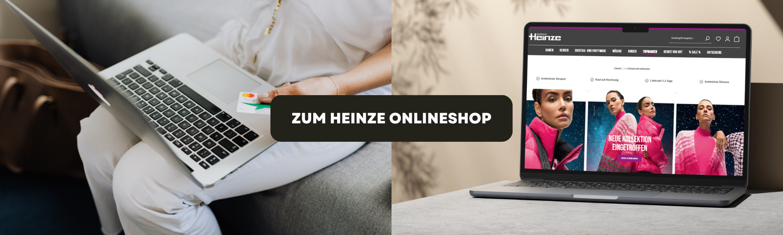 Person sitzt auf dem Sofa und bezahlt online mit Kreditkarte an einem Laptop; daneben ist ein geöffneter Laptop mit der Website des Modehaus Heinze Onlineshops zu sehen. In der Mitte steht der Text „Zum Heinze Onlineshop“.