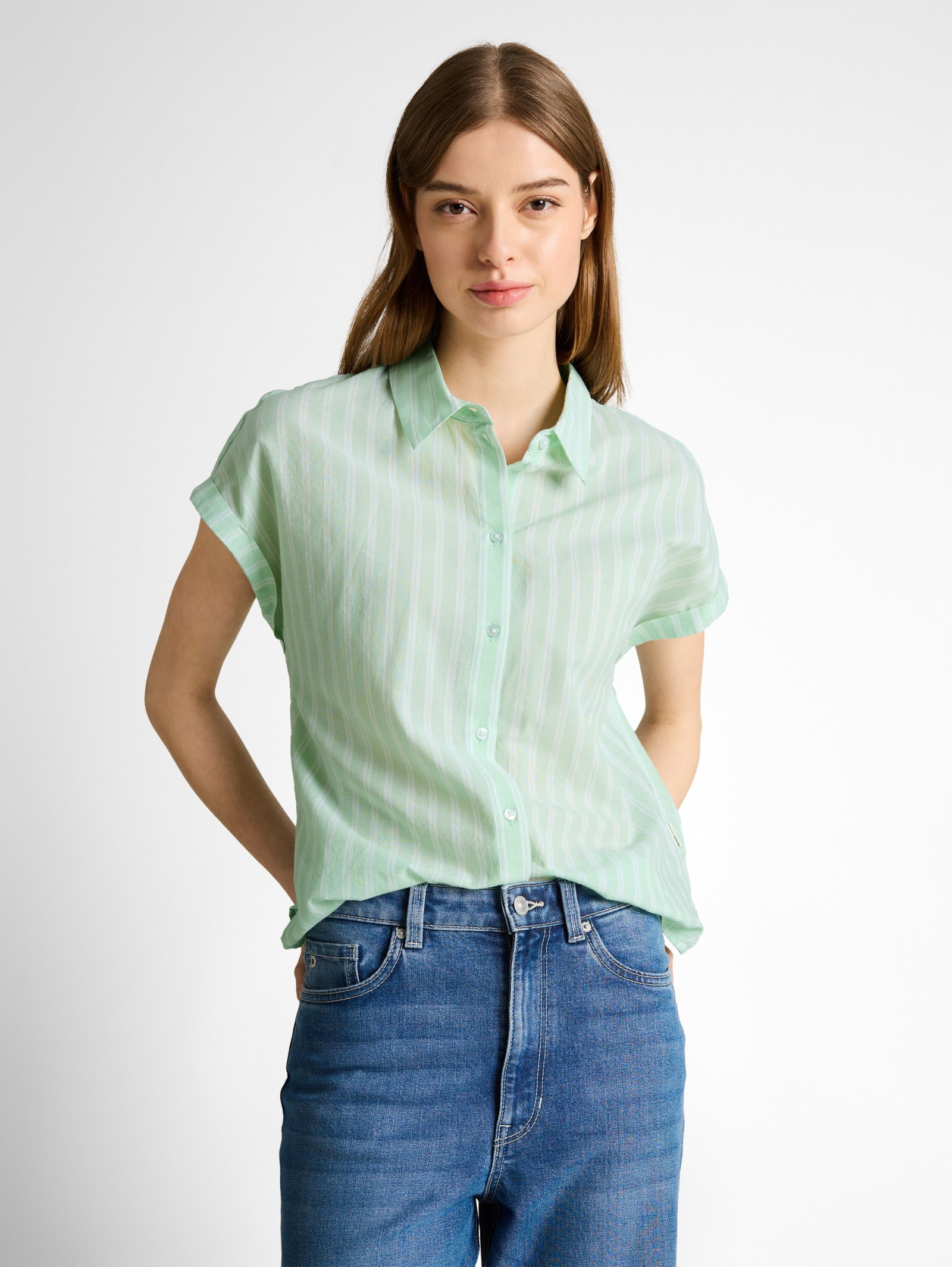 shortsleeve cotton shirt, matcha green white stripe #5