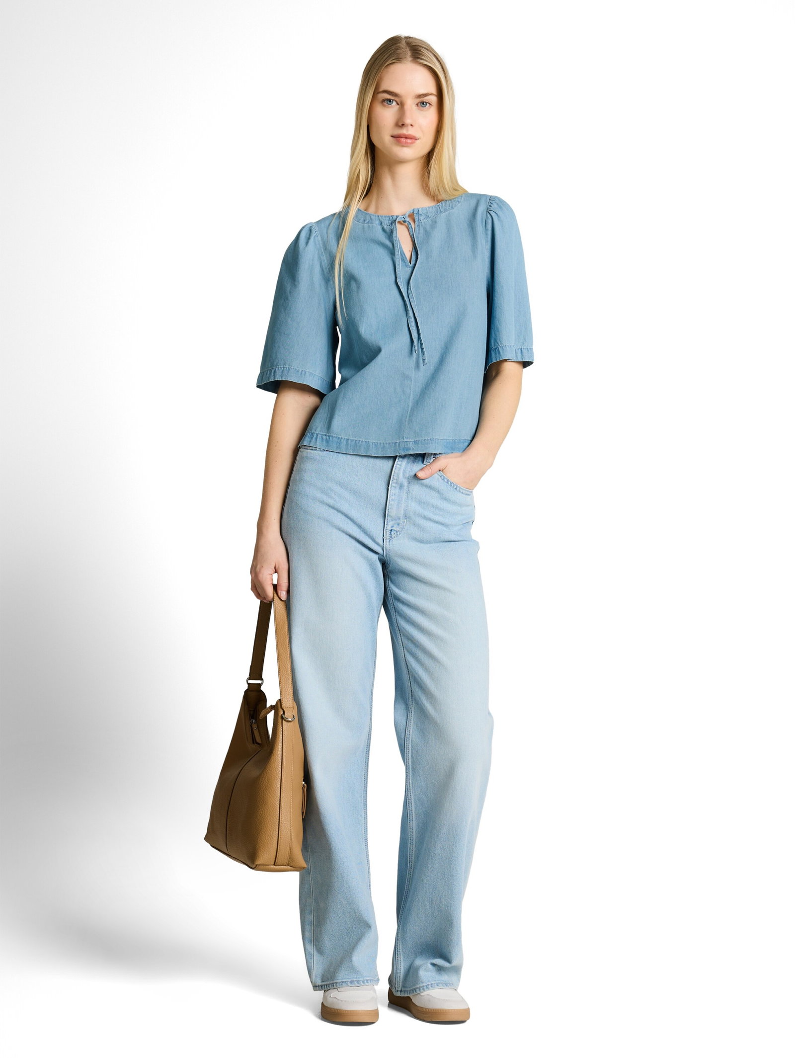 denim blouse with bow, Clean Light Stone Blue Denim #3