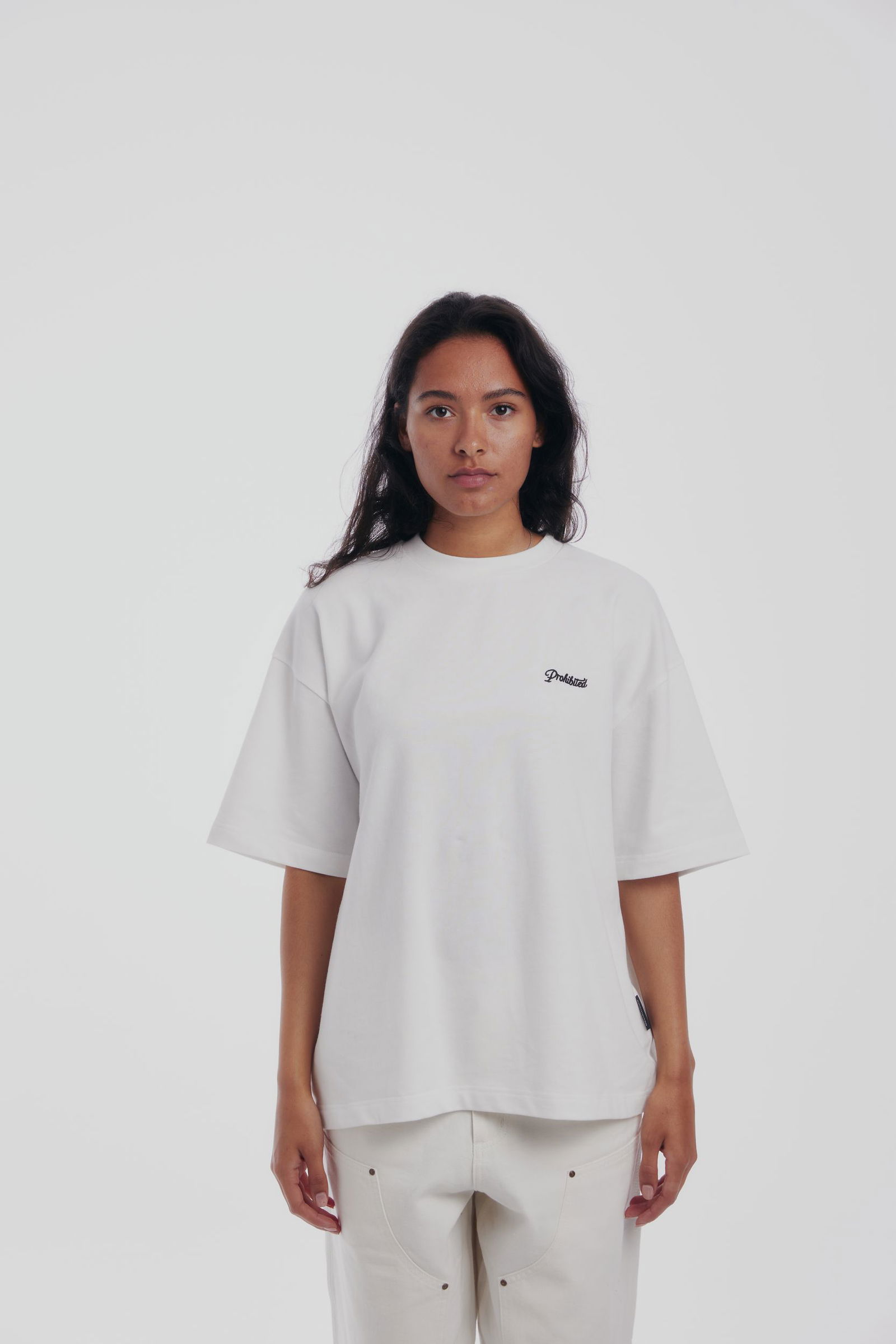 d2f7736b26ec211666b758ca9bb18da3  |  Prohibited Embroidery Unisex Oversized Shirt | L | white/black
