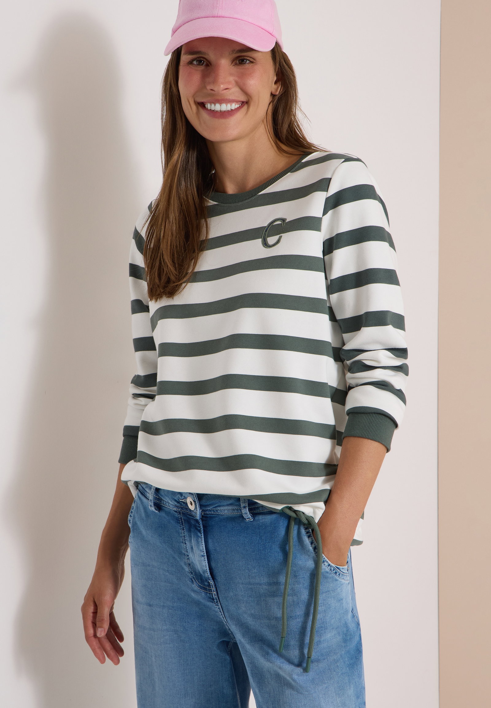 Striped Sweatshirt w. embroide, dried olive green #3