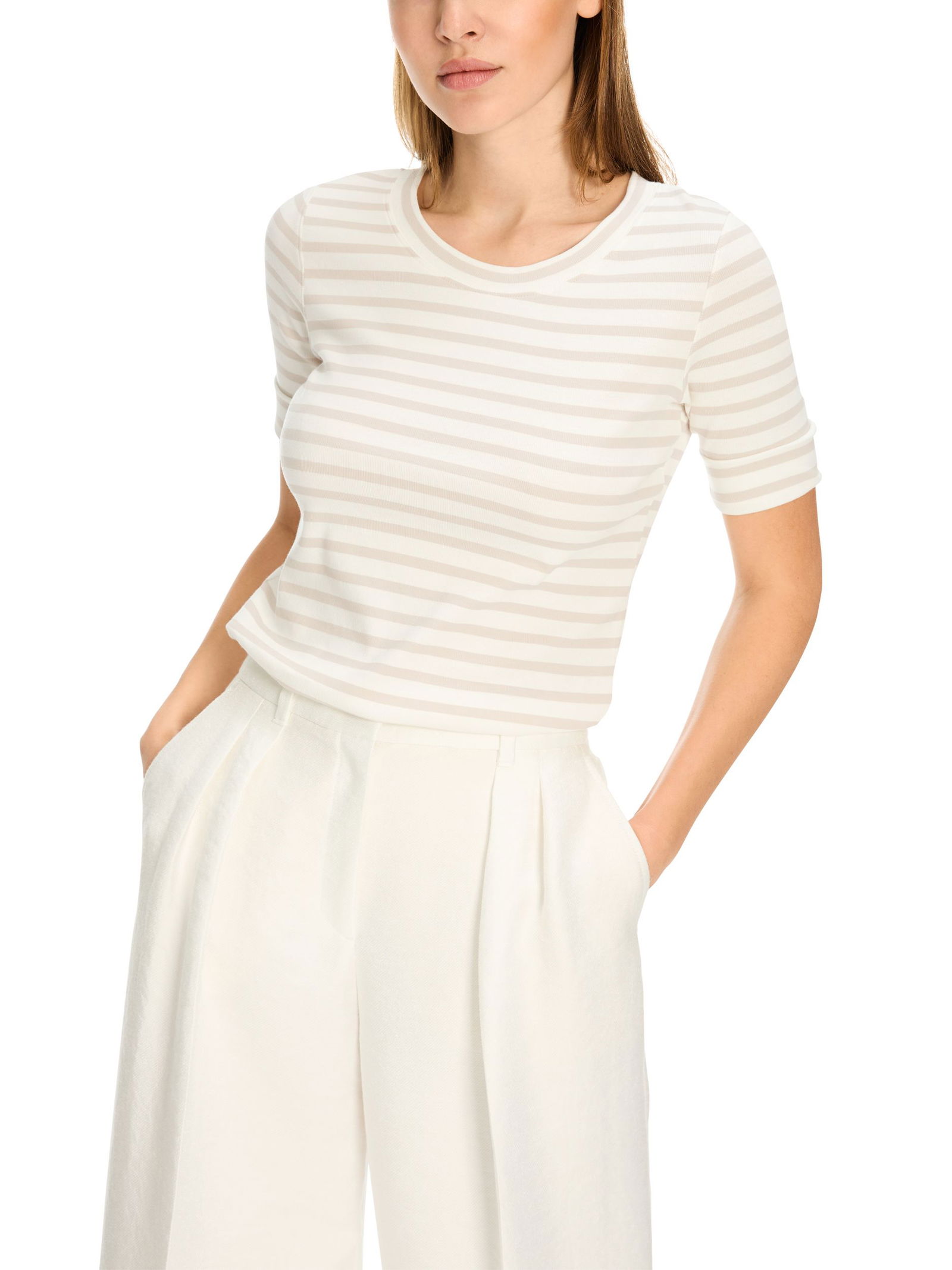 Marc Cain Additions |  Ringel-T-Shirt aus Baumwoll-Ripp | 42 | smoke