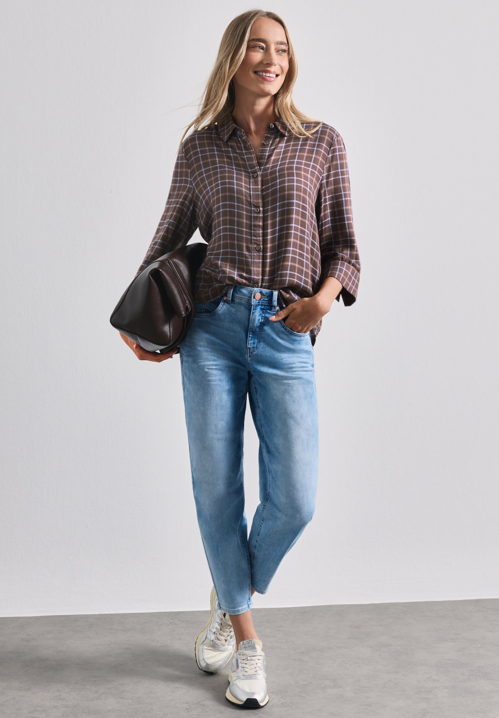 LTD QR check shirtcollar blous, silk brown #5