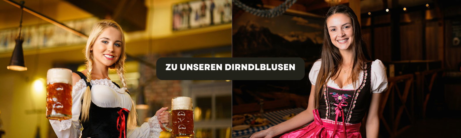 Zwei Frauen im Dirndl mit weißen Dirndlblusen in einer Festzelt-Atmosphäre, eine davon mit Bierkrügen