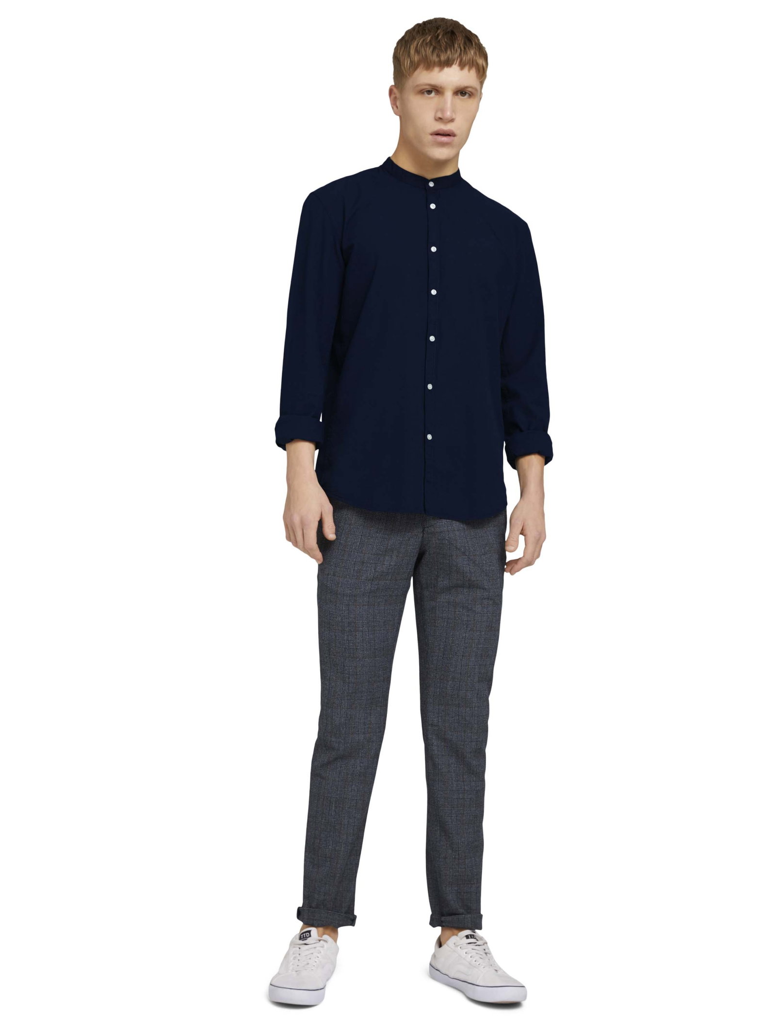 structured straight chino, navy grindle check #3