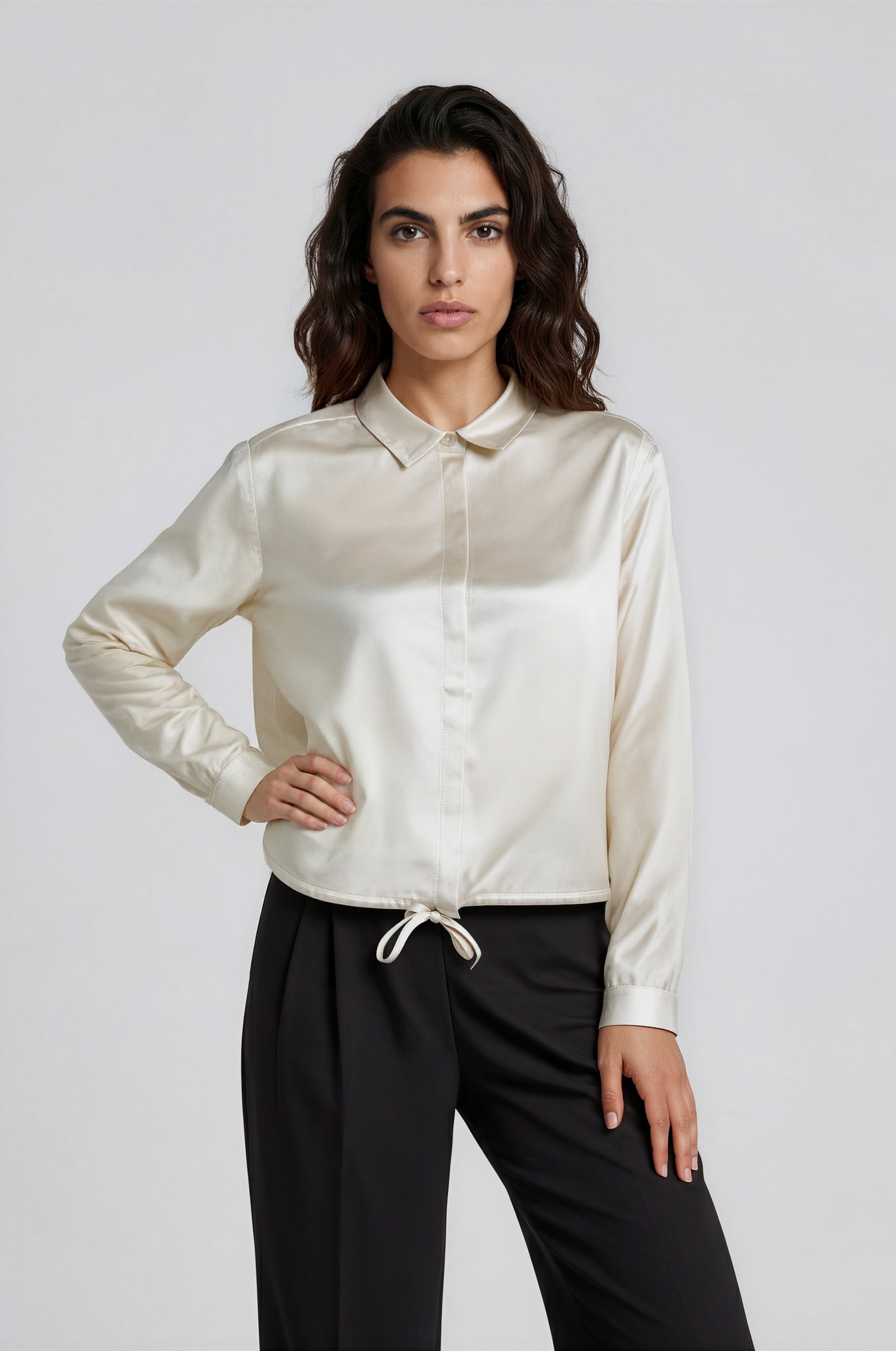 CROPPED BLOUSE WITH DRAWSTRING AT H, CREAM #1