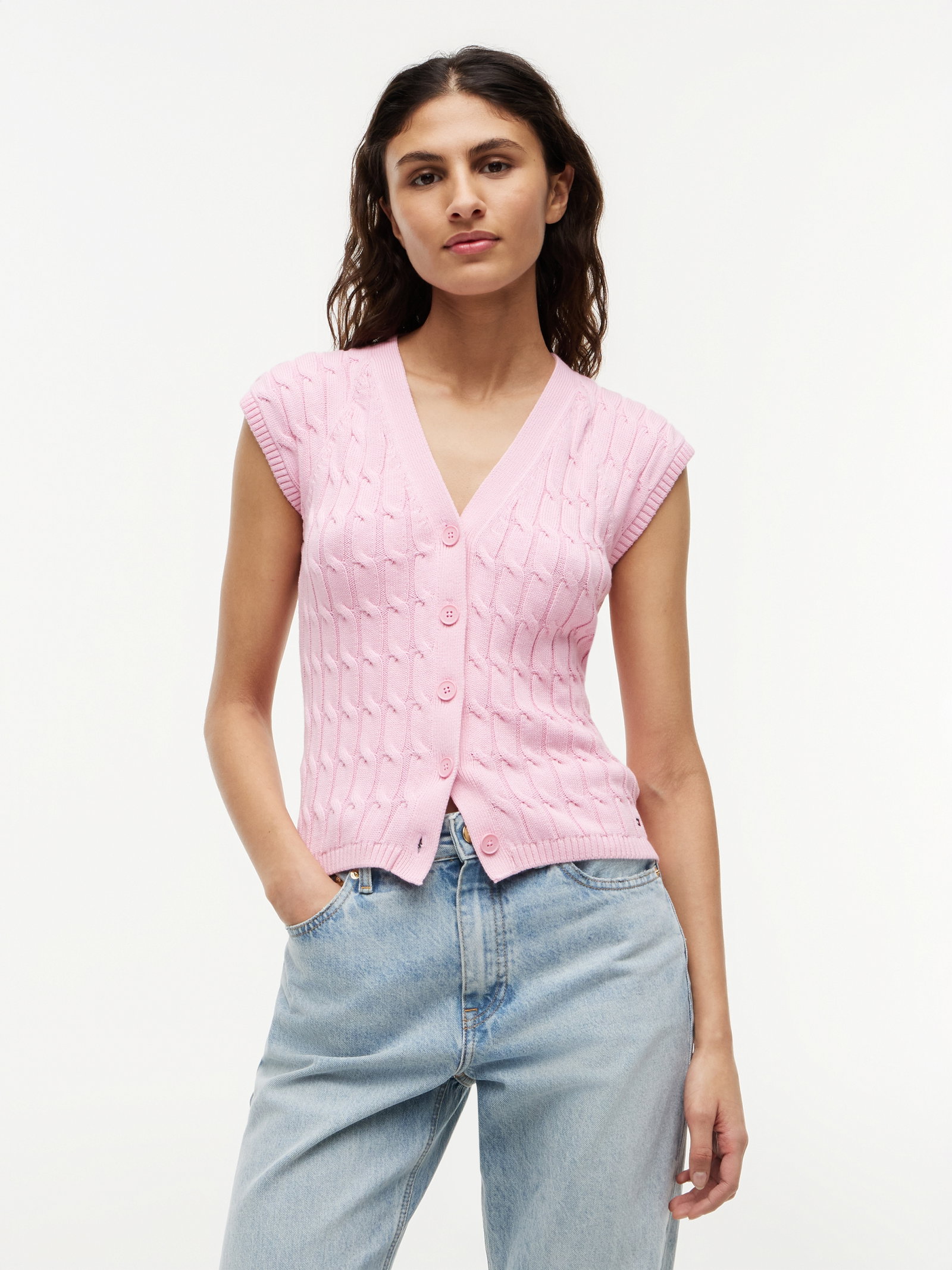 MID GG CABLE VEST CARDI, PINK #2