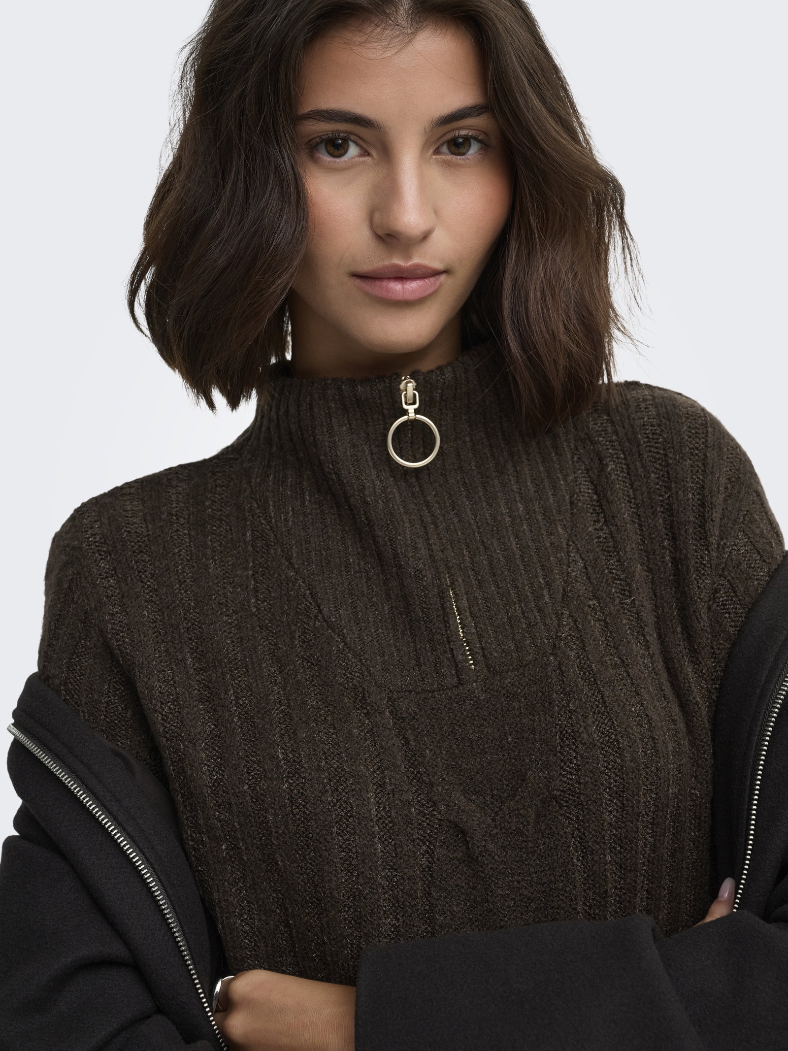 JDYANDREA L/S ZIP CABLE PULLOVE KNT, Coffee Bean/MELANGE W. GOLD TRIM #7