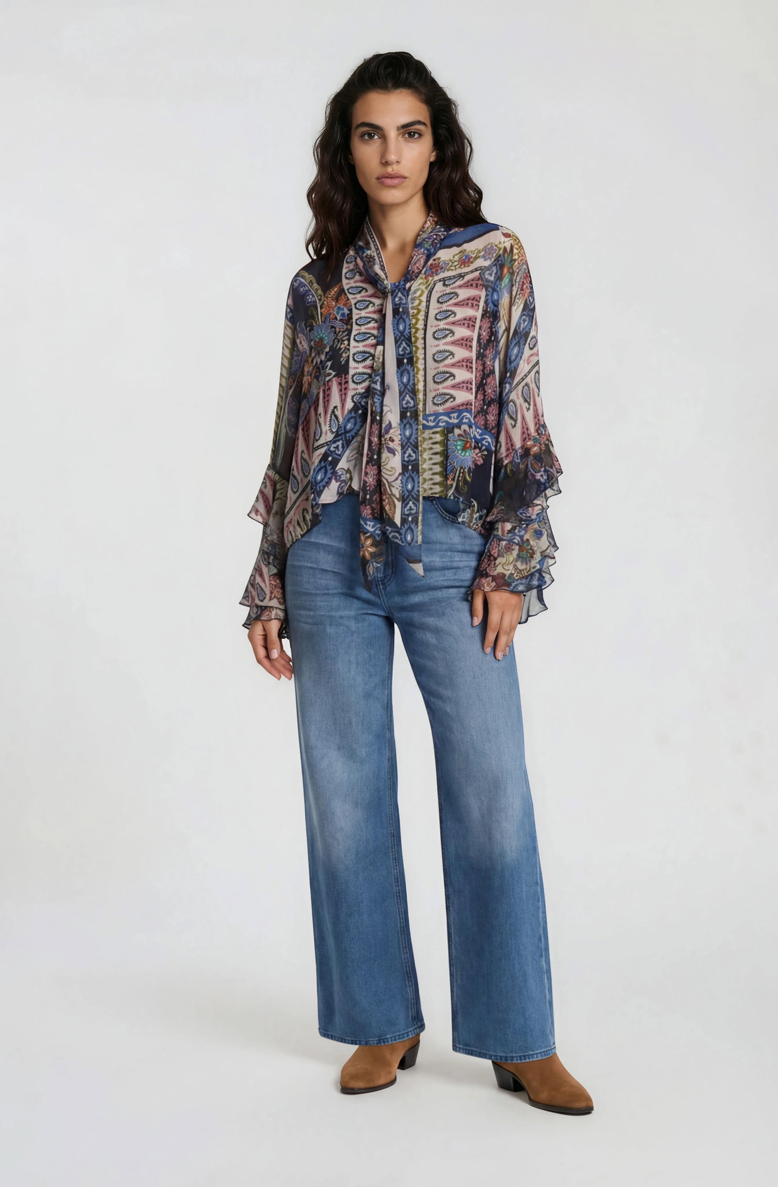 BLOUSE WITH BOW TIE NECKLINE AND DO, NAVY PRINT #3