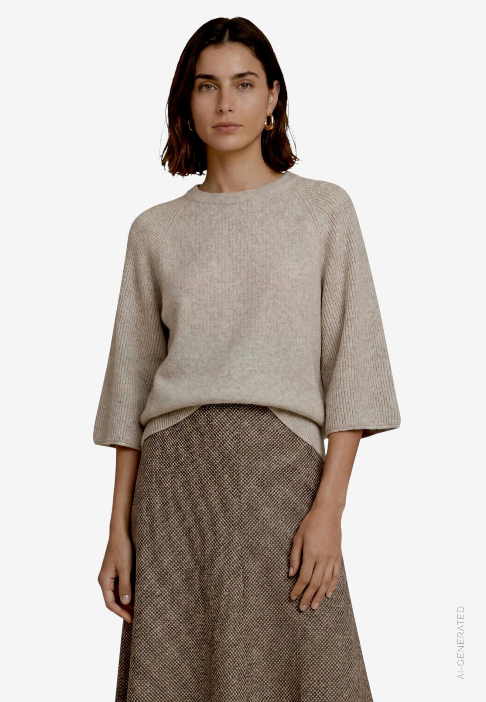 Strickpullover Kurz 3/4 Arm, Light Beige Melange #2