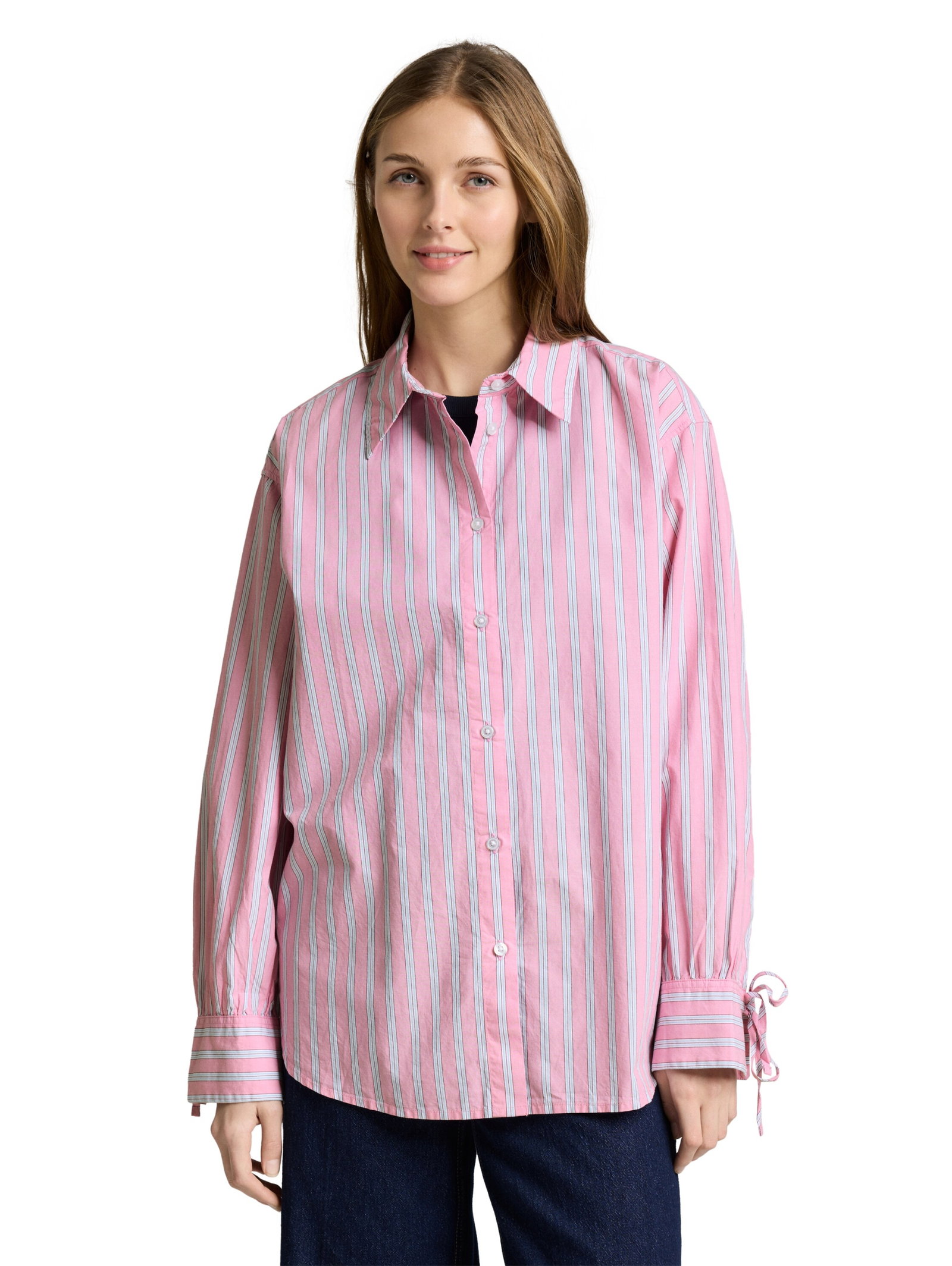 long poplin shirt, pink blue white stripe #5