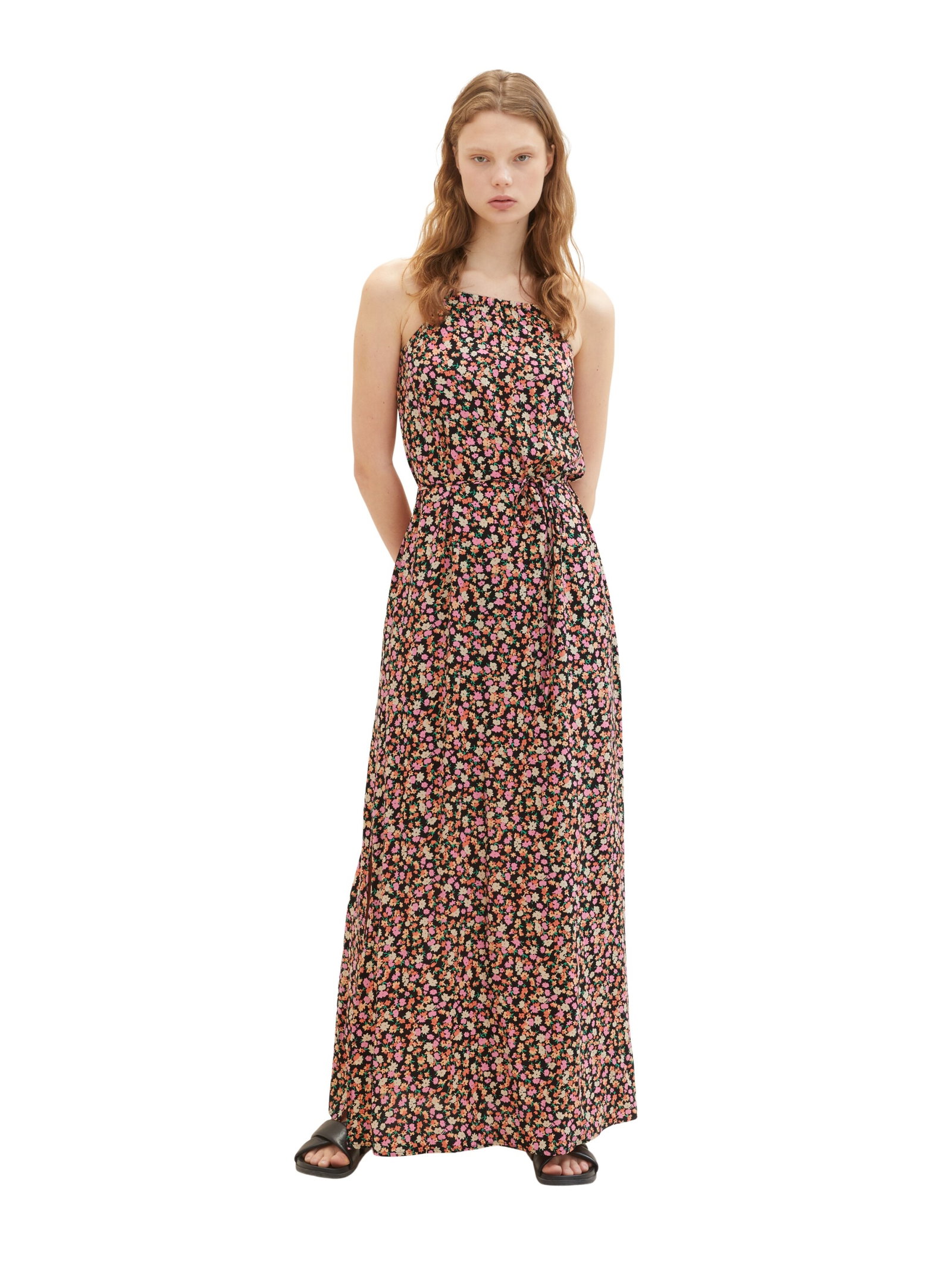 american neckline maxi dress, black flower print #4