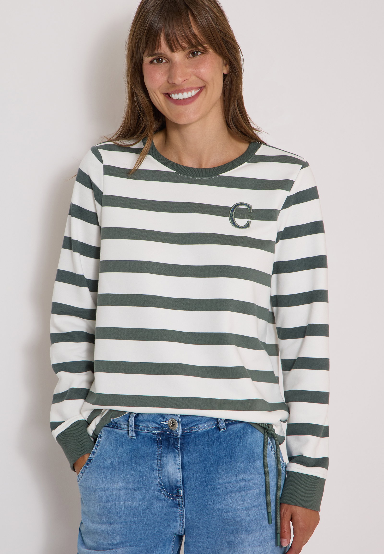 Striped Sweatshirt w. embroide, dried olive green #6
