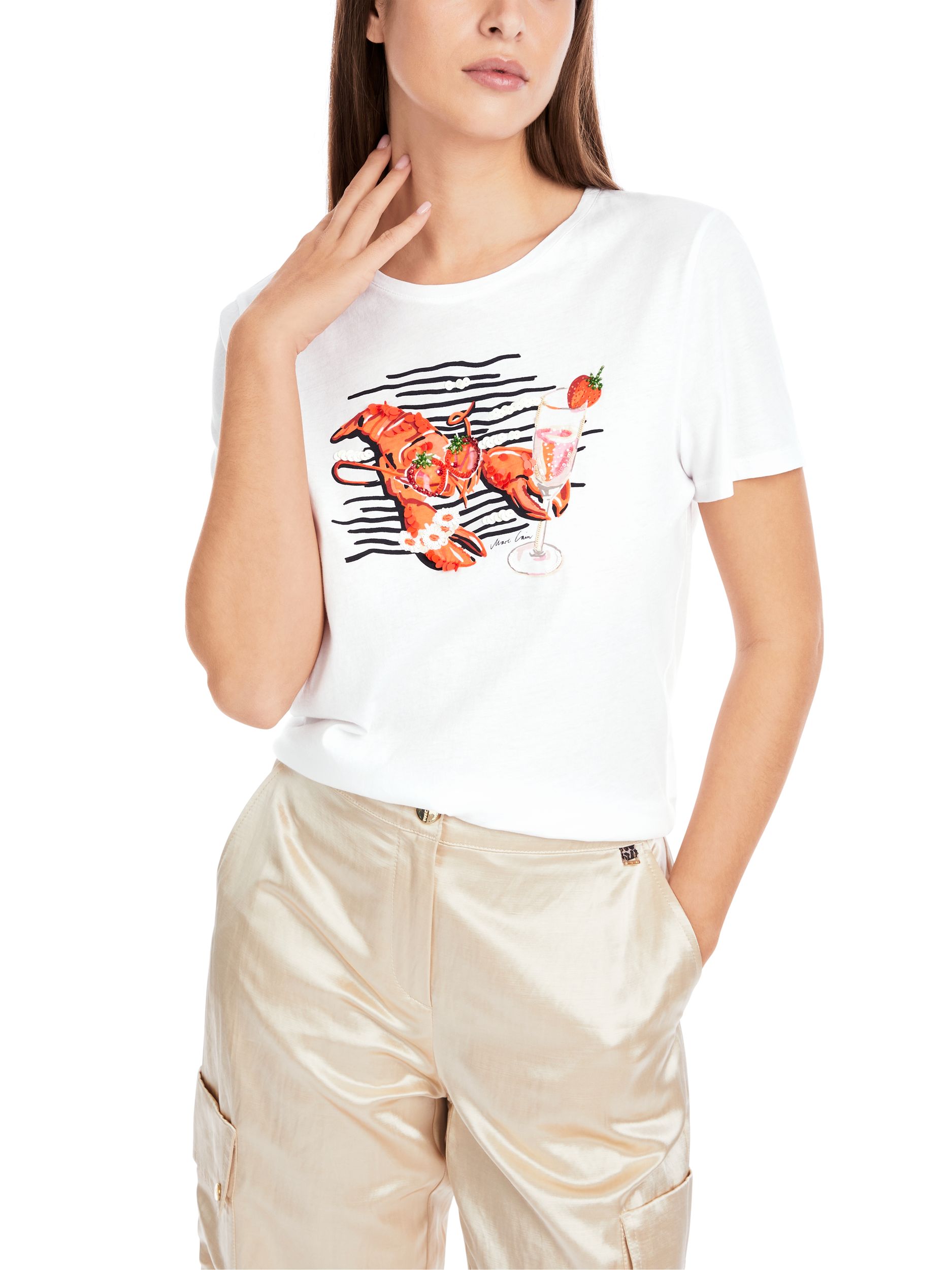 Marc Cain Additions |  Baumwoll-T-Shirt mit Lobster-Print | 44 | white