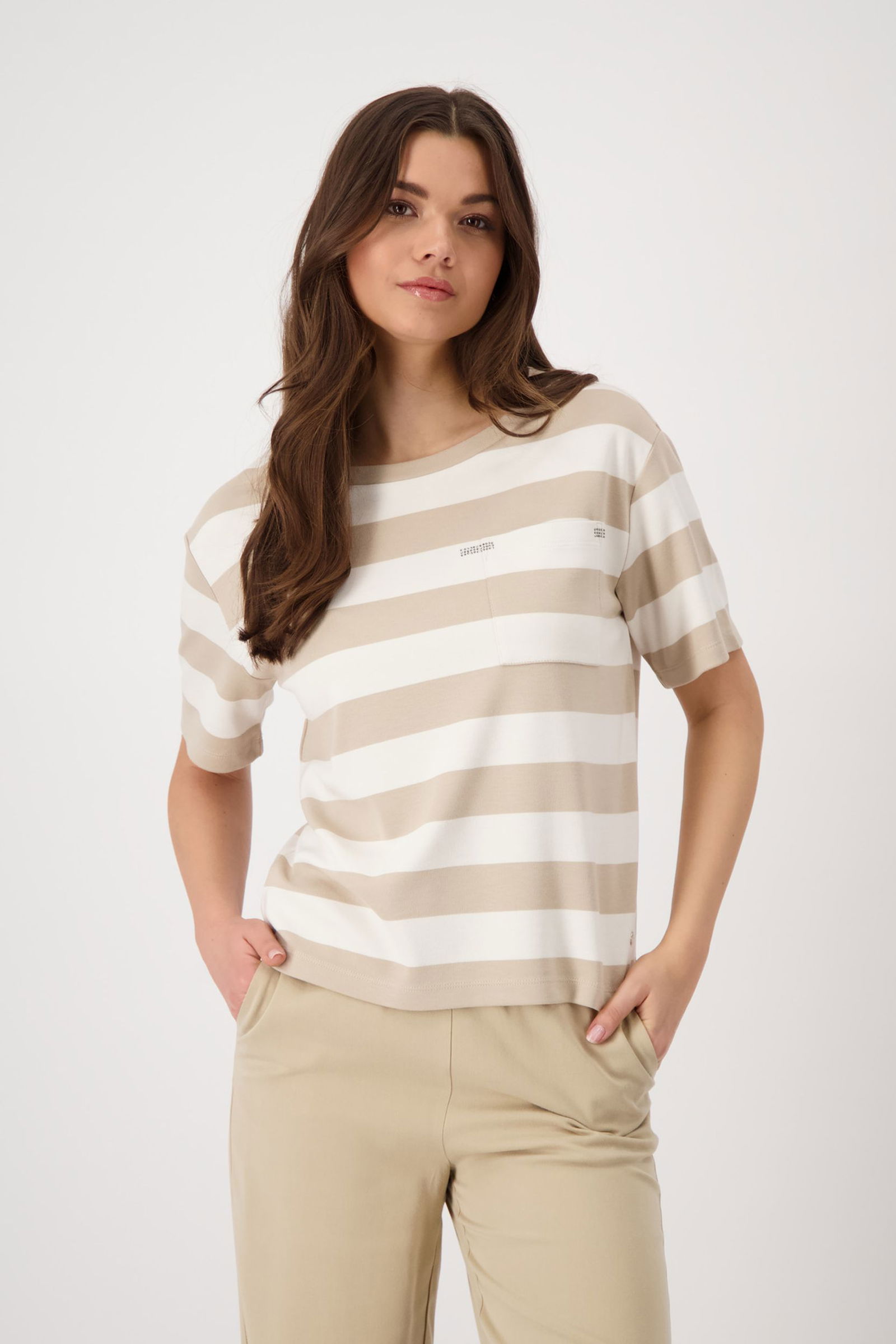 15d393e63dcc0c09c21a39176d9df89a Monari |  T-Shirt, schwarz Ringel | 46 | camel ringel