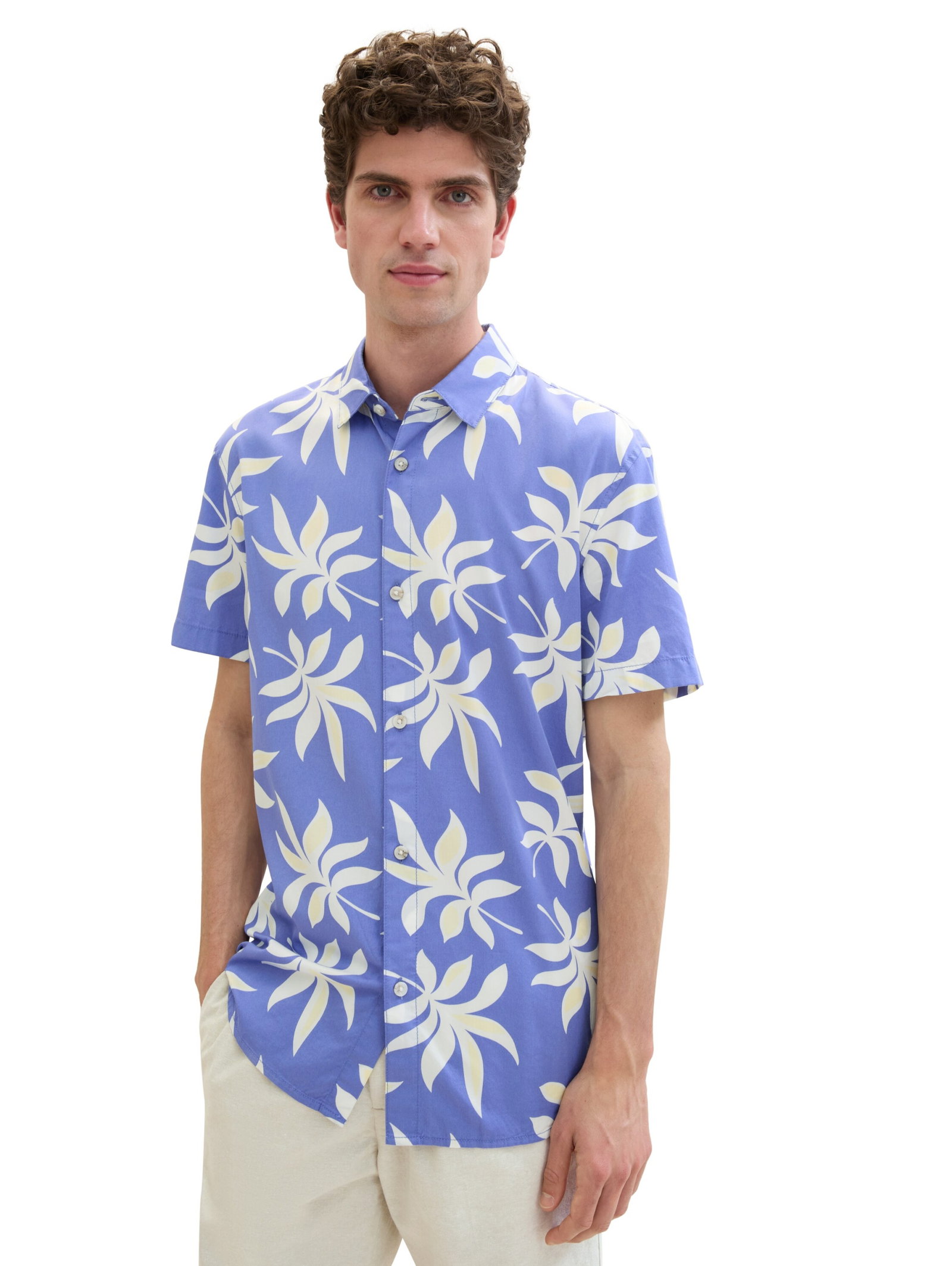 printed viscose cotton shirt, blue summer leaf print #7