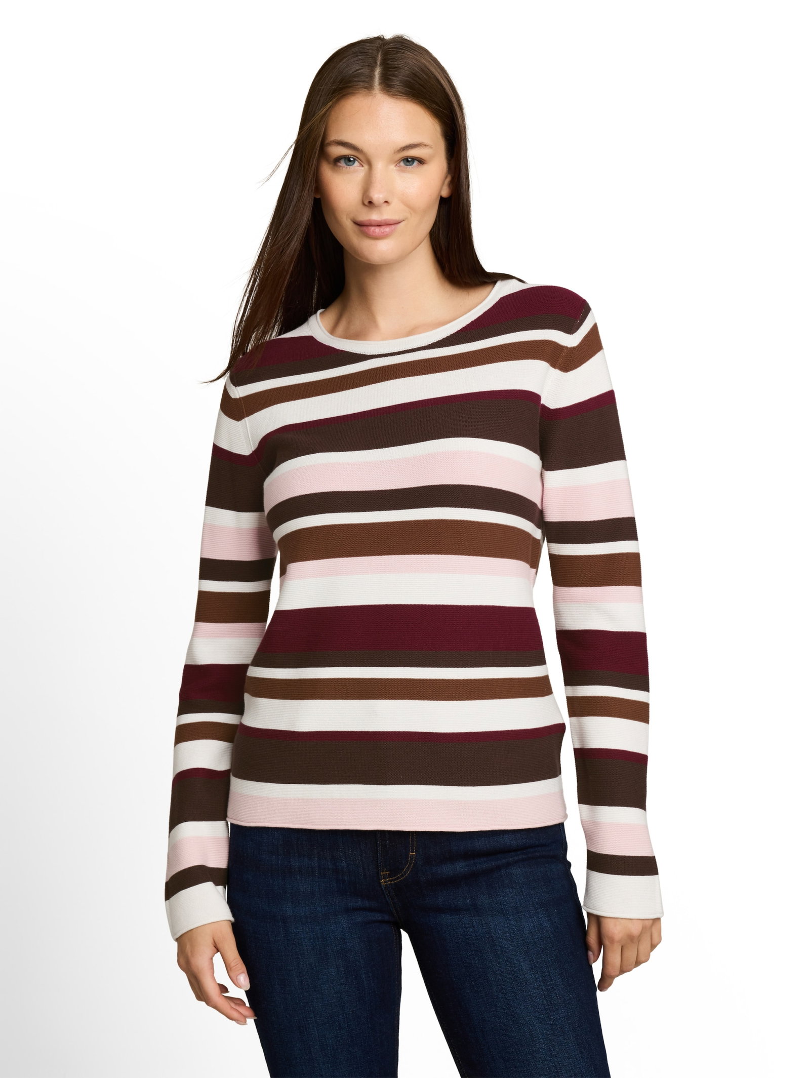 knit structure crewneck, camel brown red stripe #5