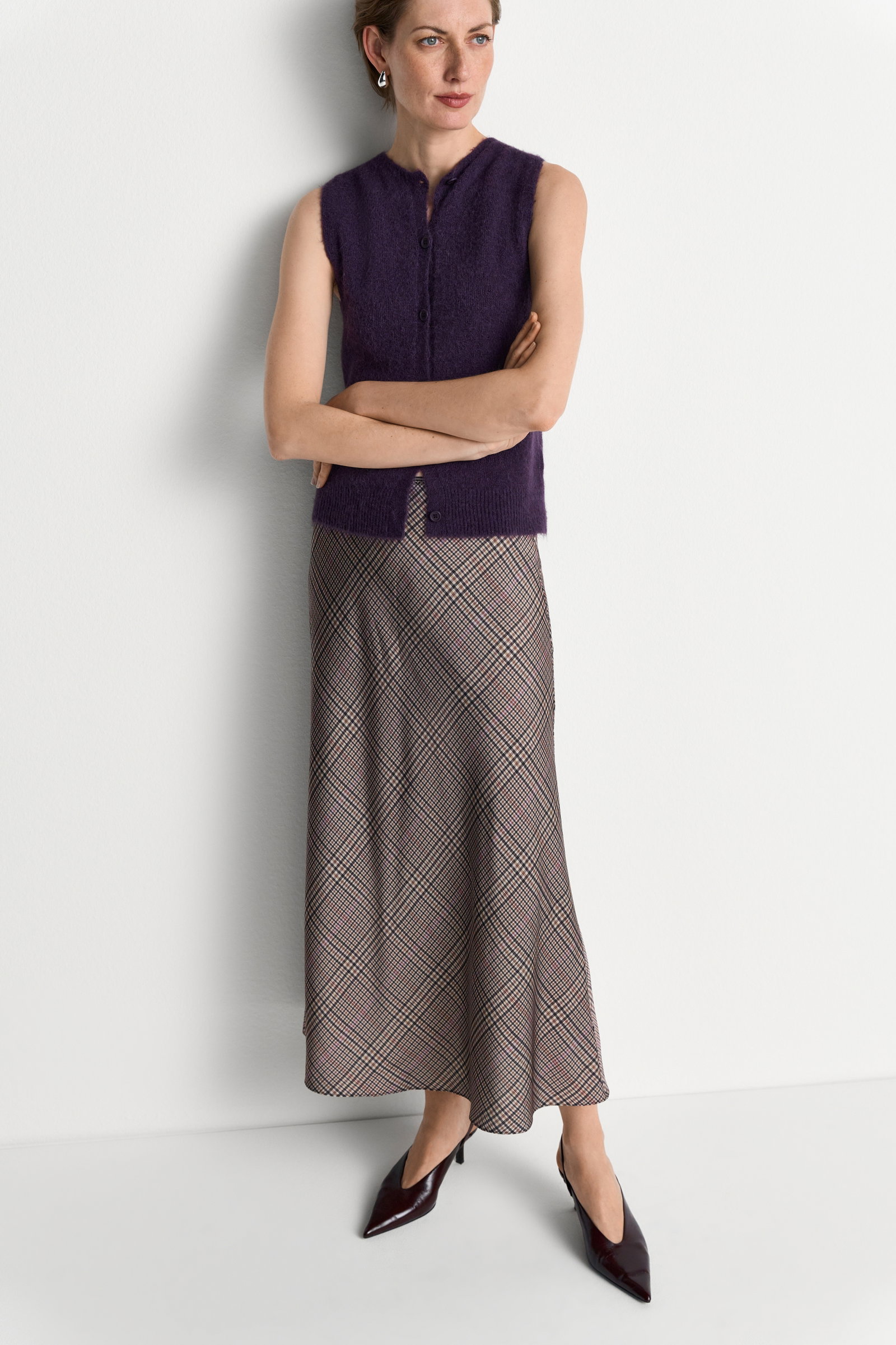 Printed Satin Midi Skirt with Check, hazel #6