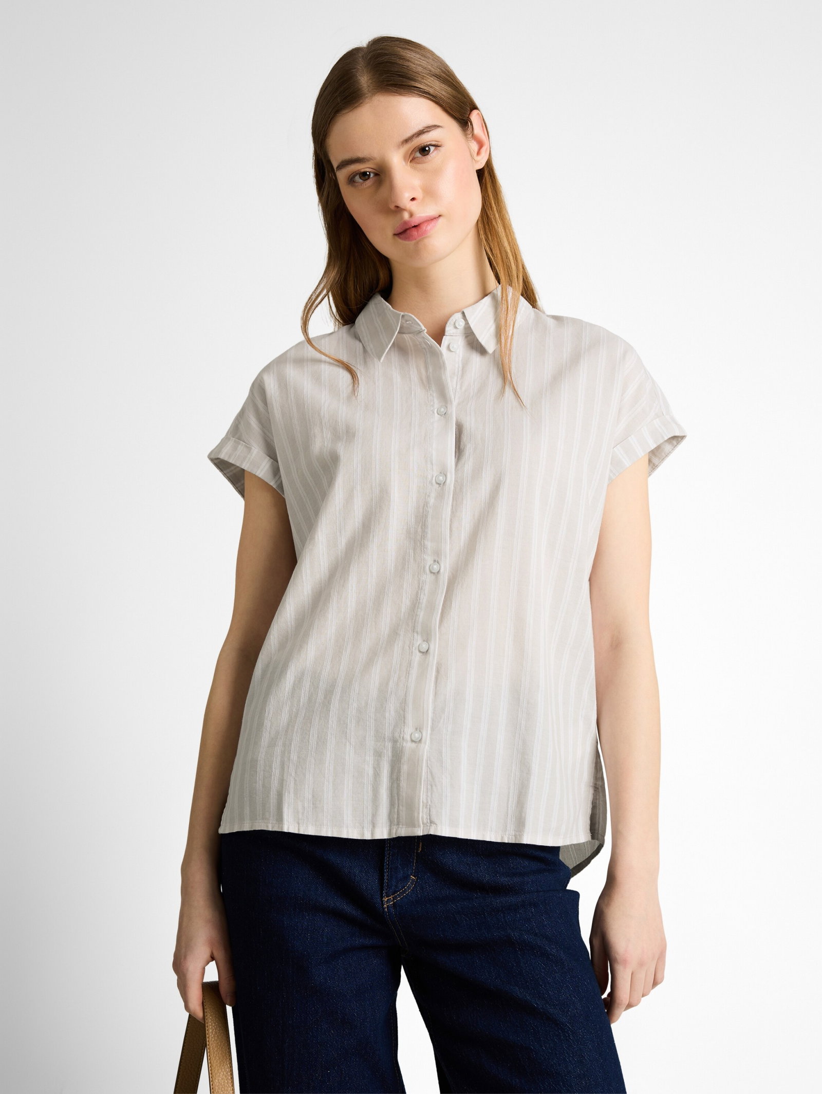 shortsleeve cotton shirt, beige white stripe #5