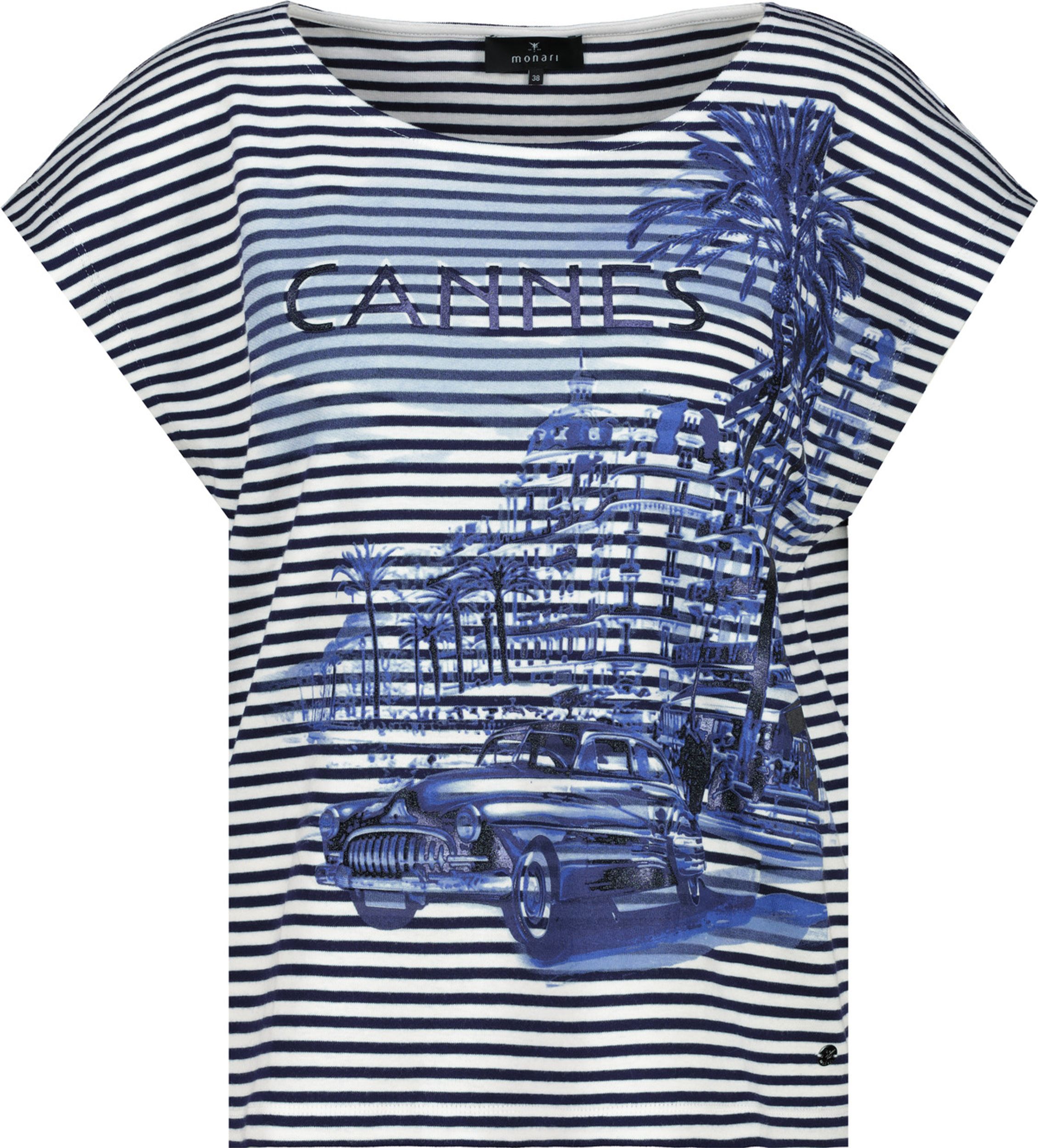 Monari |  T-Shirt, navy blue ringel | 40