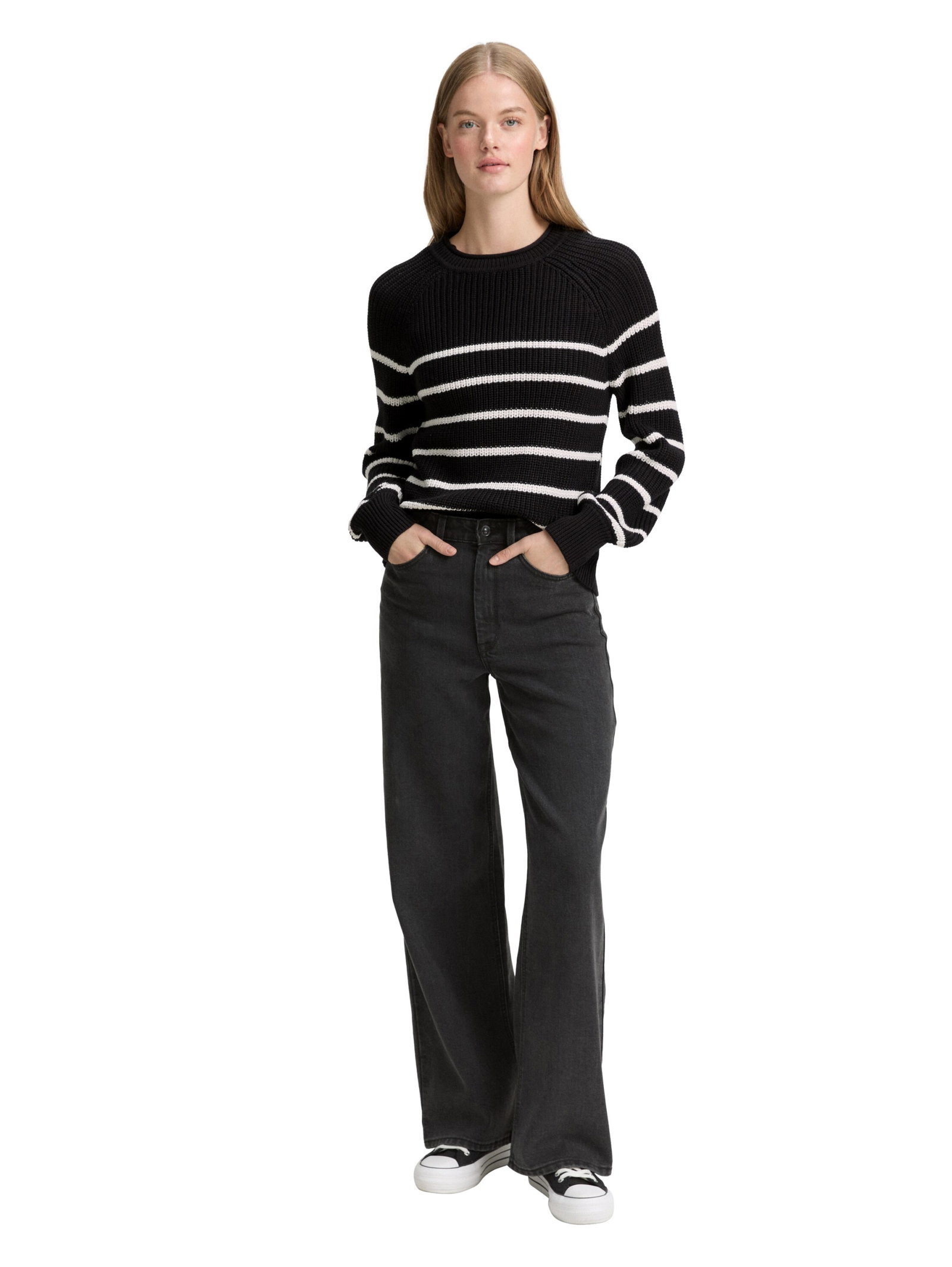 crew neck pullover, placed black white stripe #3