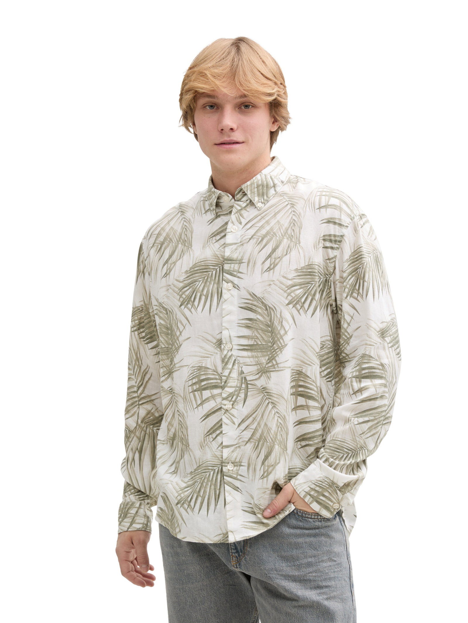 relaxed viscose linen shirt, white green watery palm print #5