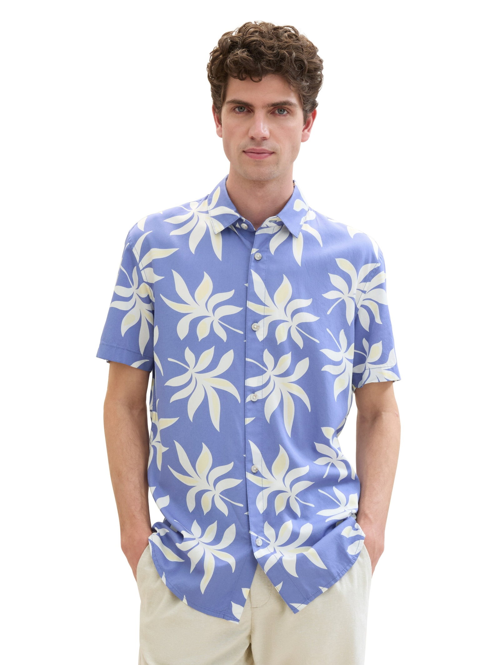 printed viscose cotton shirt, blue summer leaf print #3