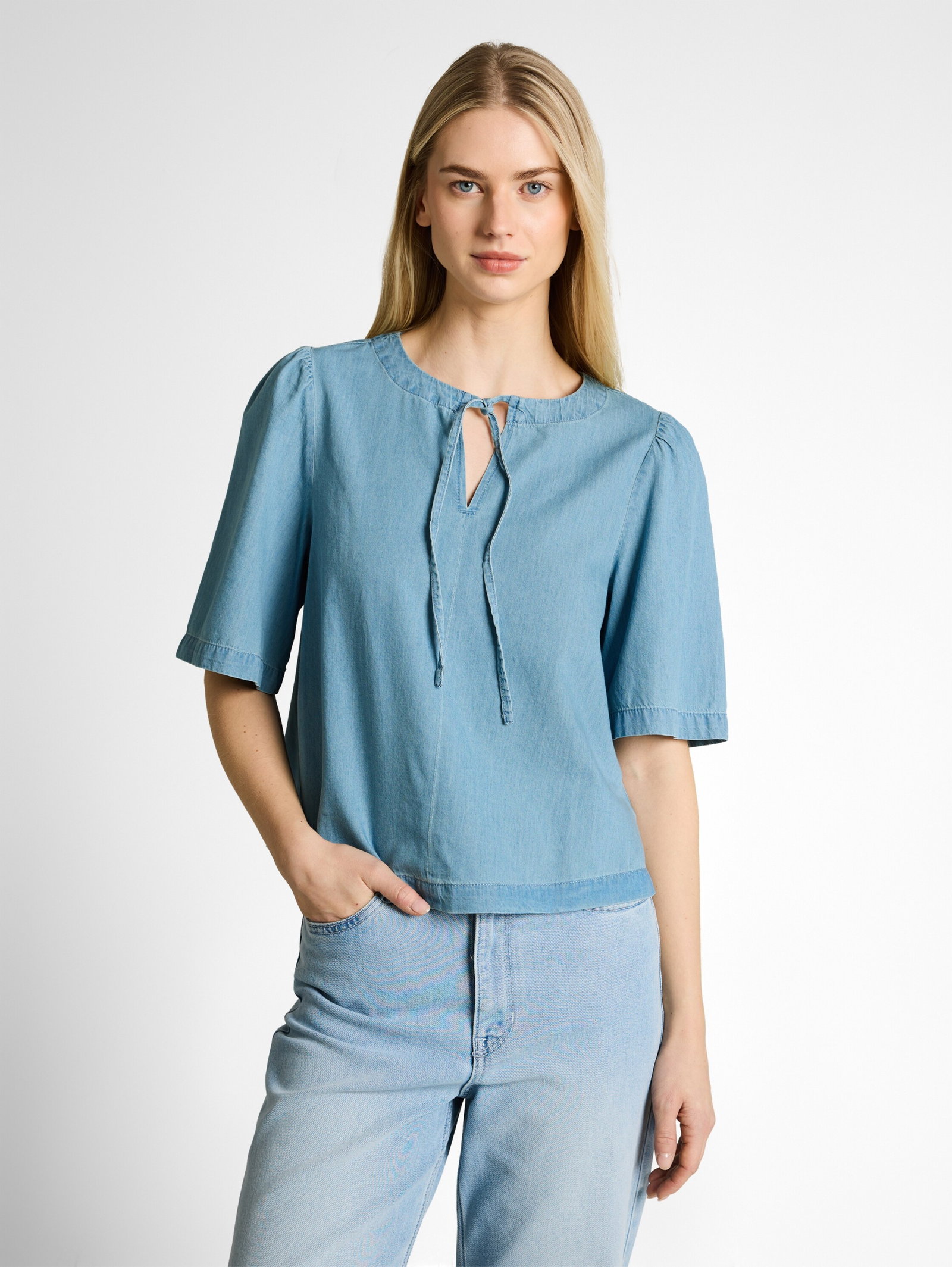 denim blouse with bow, Clean Light Stone Blue Denim #6