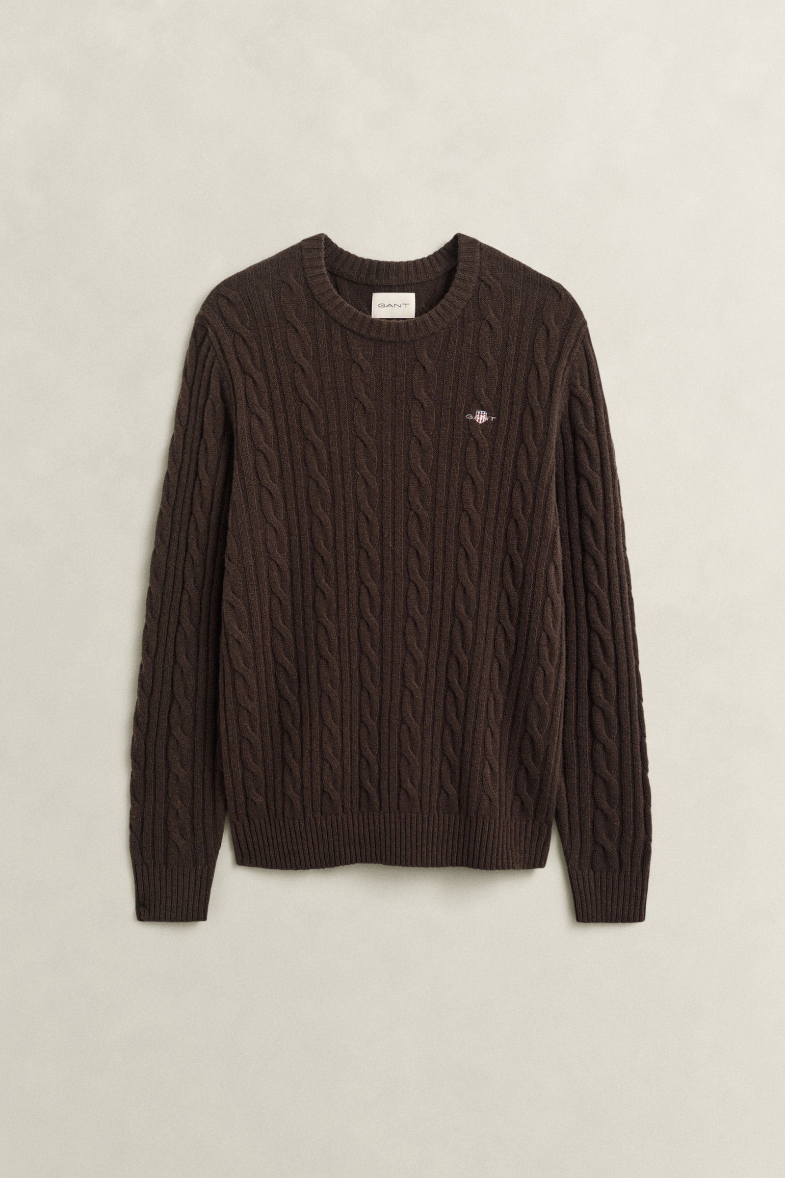 LAMBSWOOL CABLE C-NECK, BLACK BROWN #1
