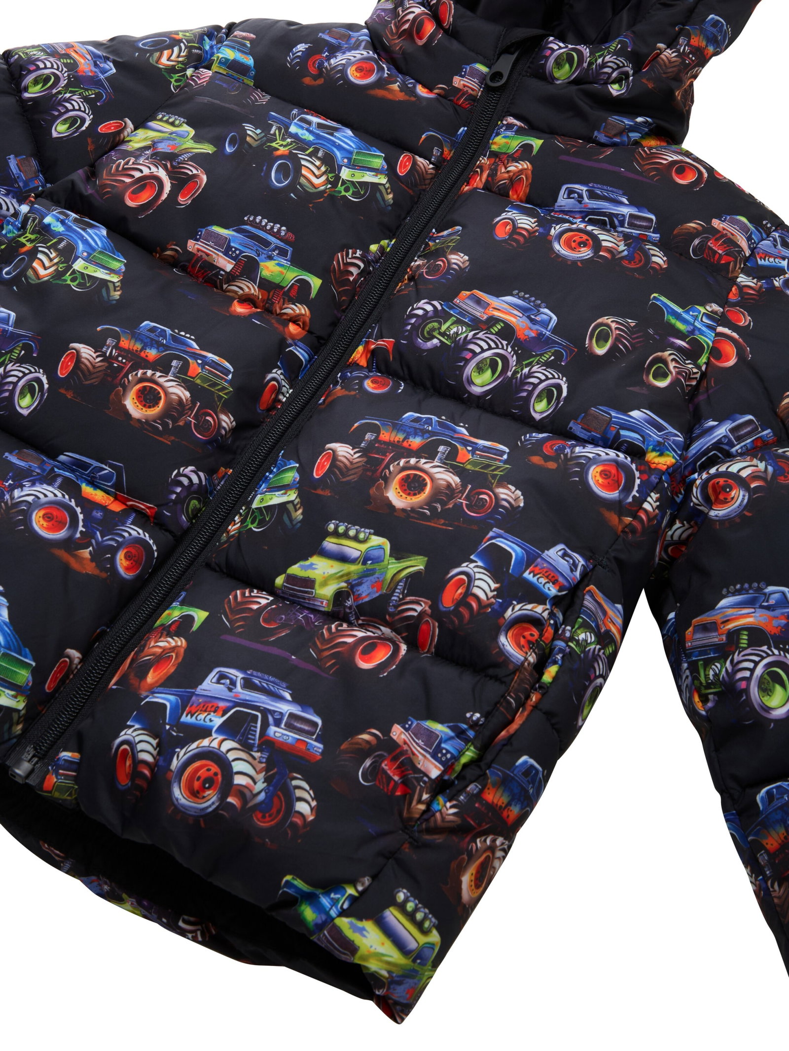 printed puffer jacket, dark multicolor car design #3