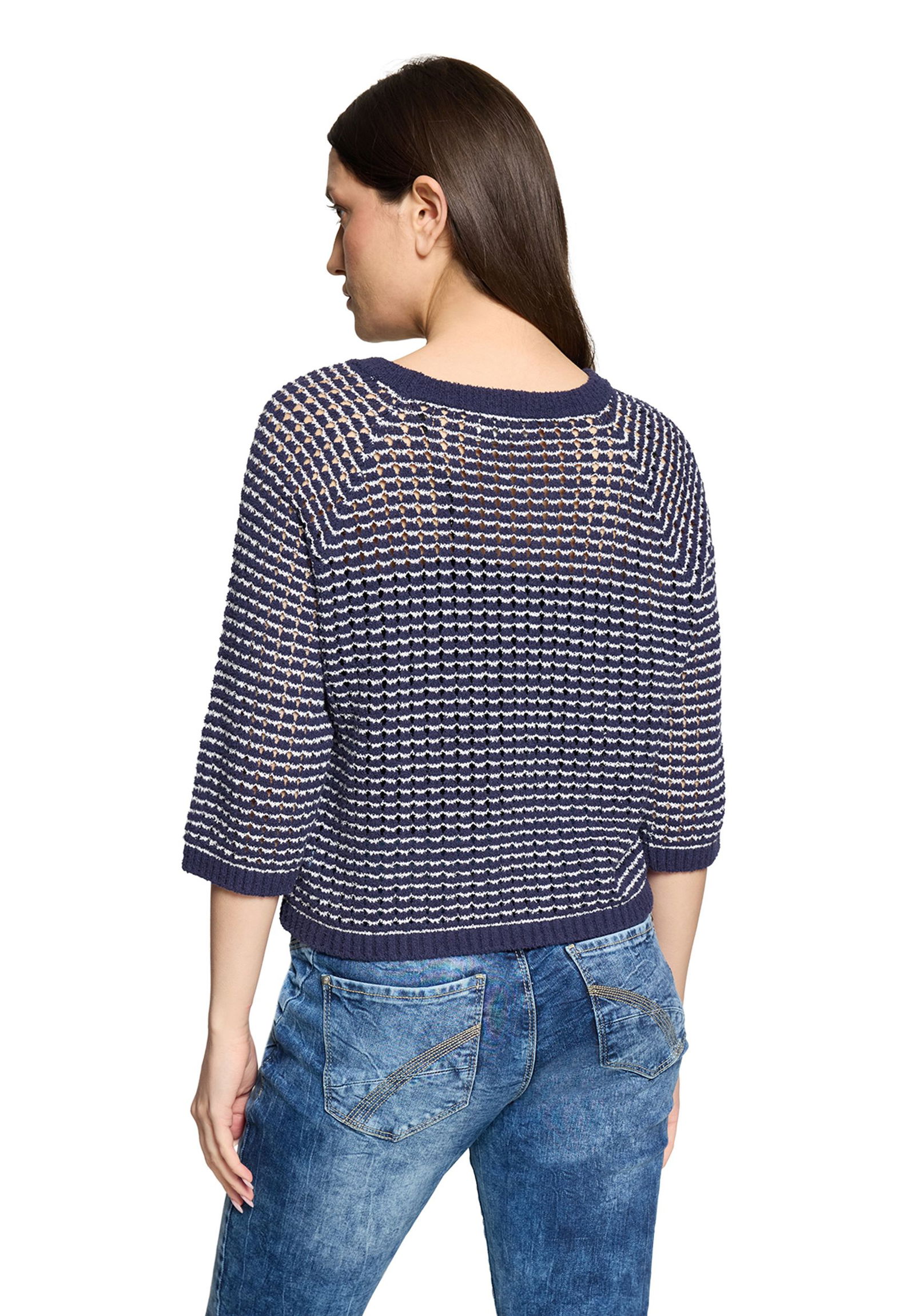 |  Strickpullover Kurz 3/4 Arm, Dark Blue/Cream | 36 | dunkelblau/weiß