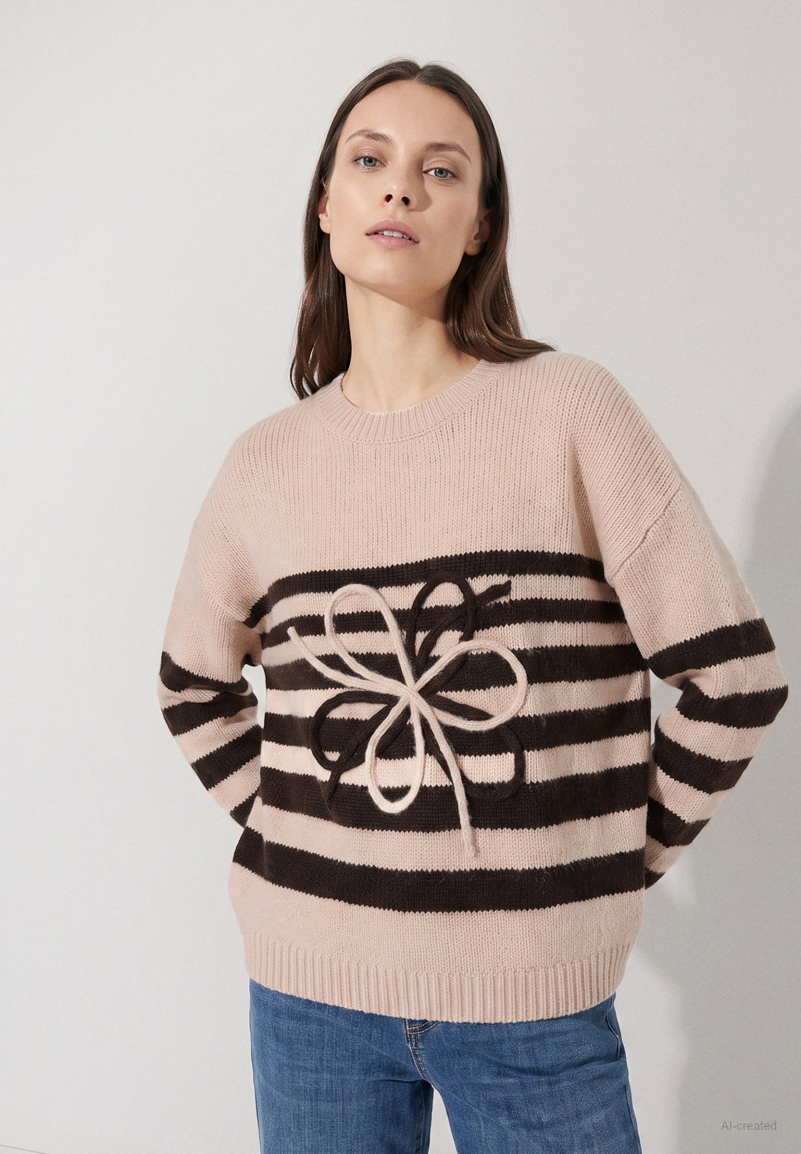 Striped Pullover with Artwork, knit stripes espresso brown powder #2