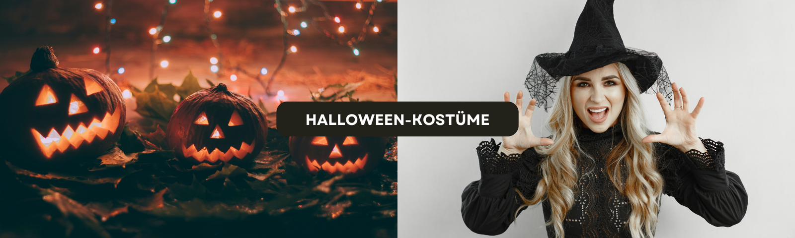 Halloween-Kostüme: leuchtende Kürbisse mit geschnitzten Gesichtern und eine Frau im Hexenkostüm, die lachend die Arme hebt