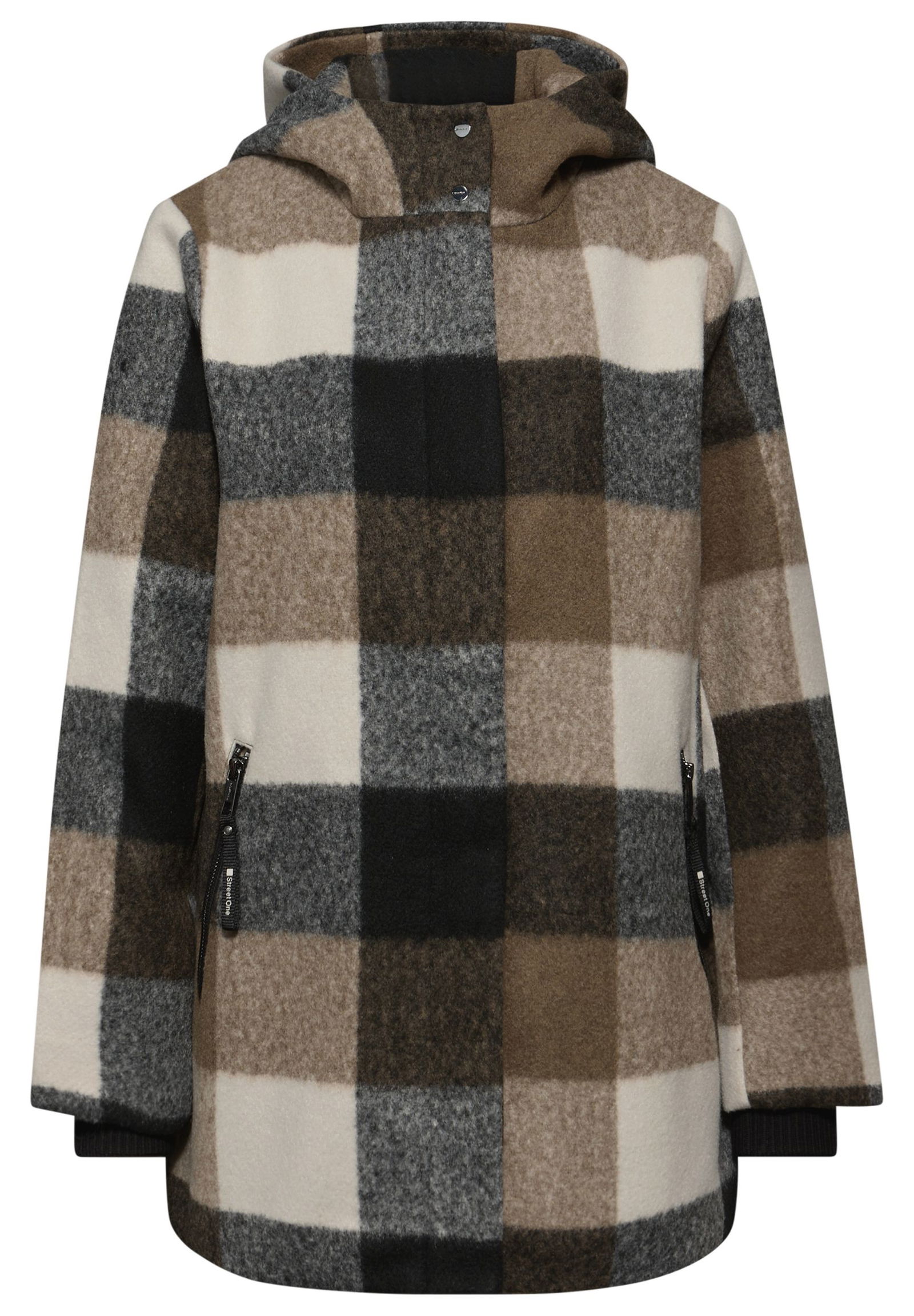 |  Check Coat w. Hoody, Black | 36 | black