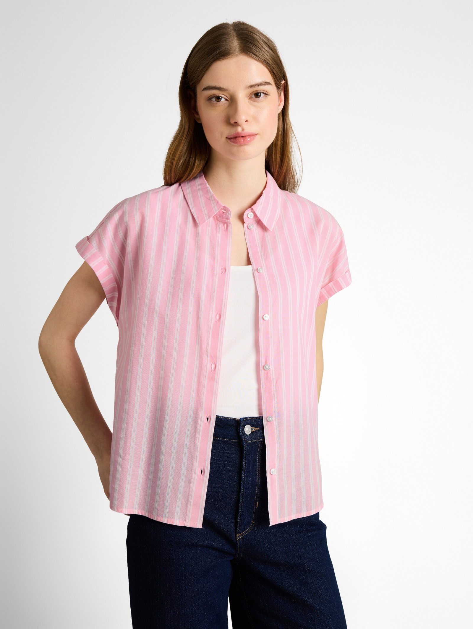 shortsleeve cotton shirt, blush pink stripe #6