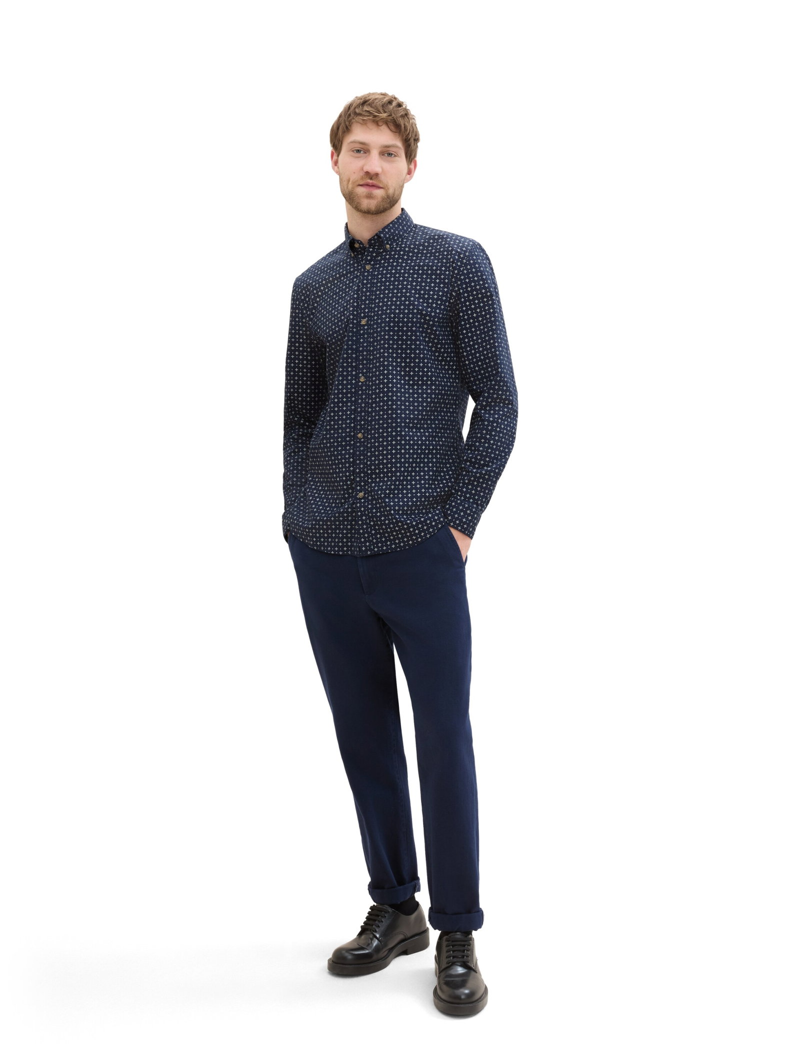 fitted printed poplin shirt, navy white minimal design #3