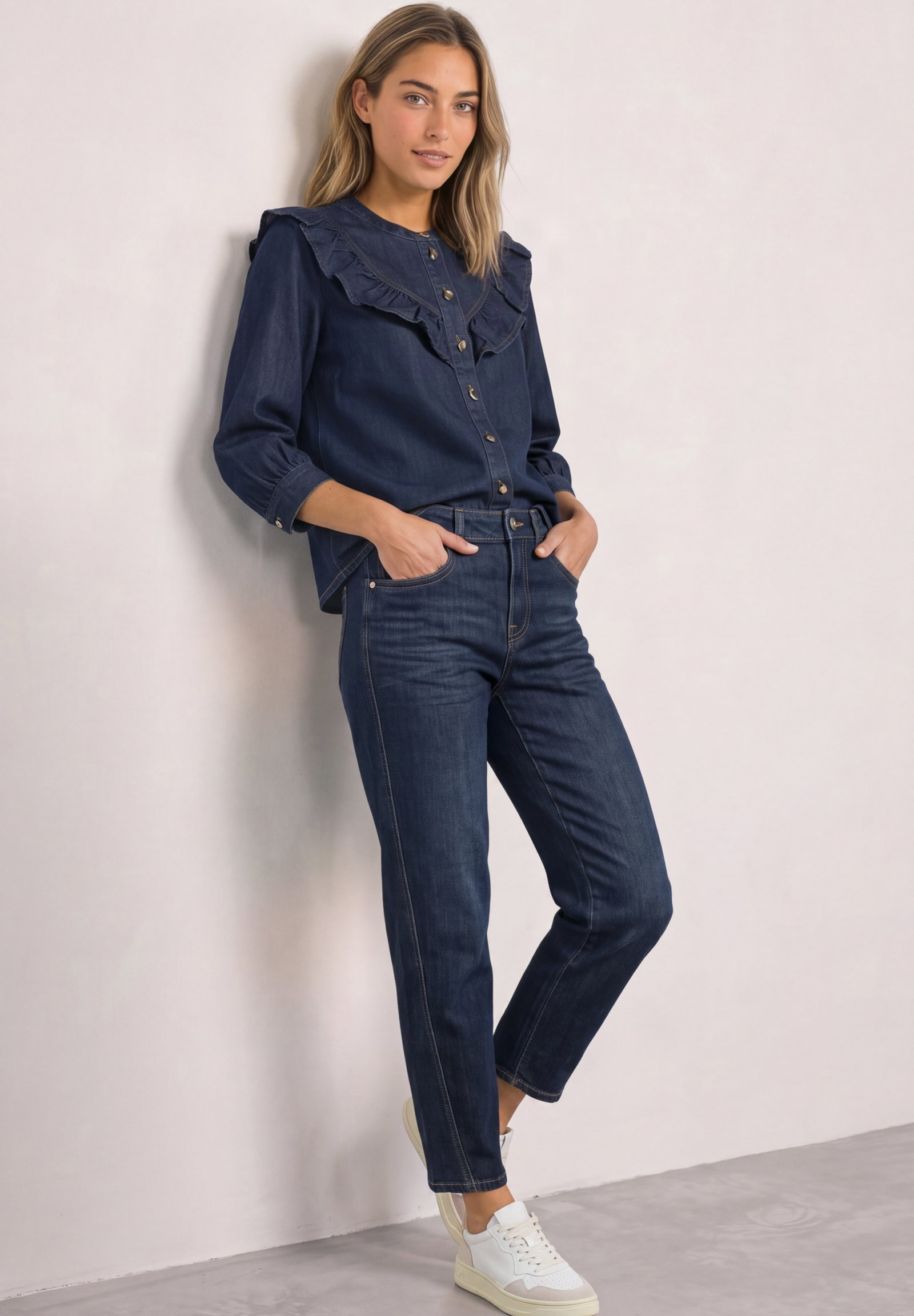 Style Denim,Blouse,rinse wash, Dark Blue Soft Washed #5