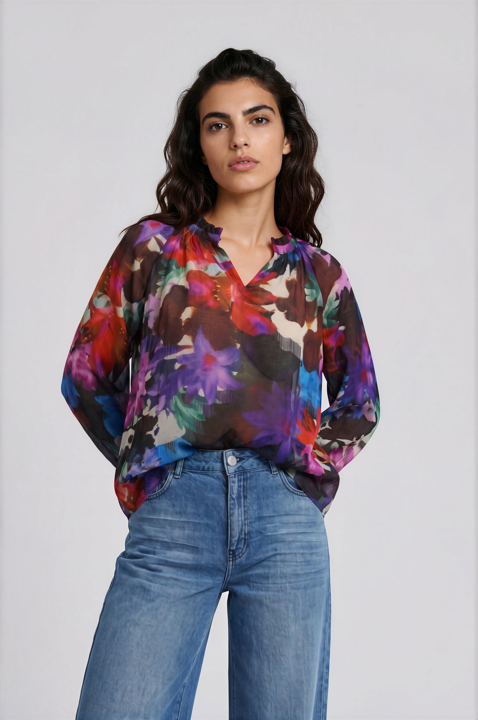 RAGLER SLEEVE BLOUSE WITH GATHERING, PURPLE PRINT #3