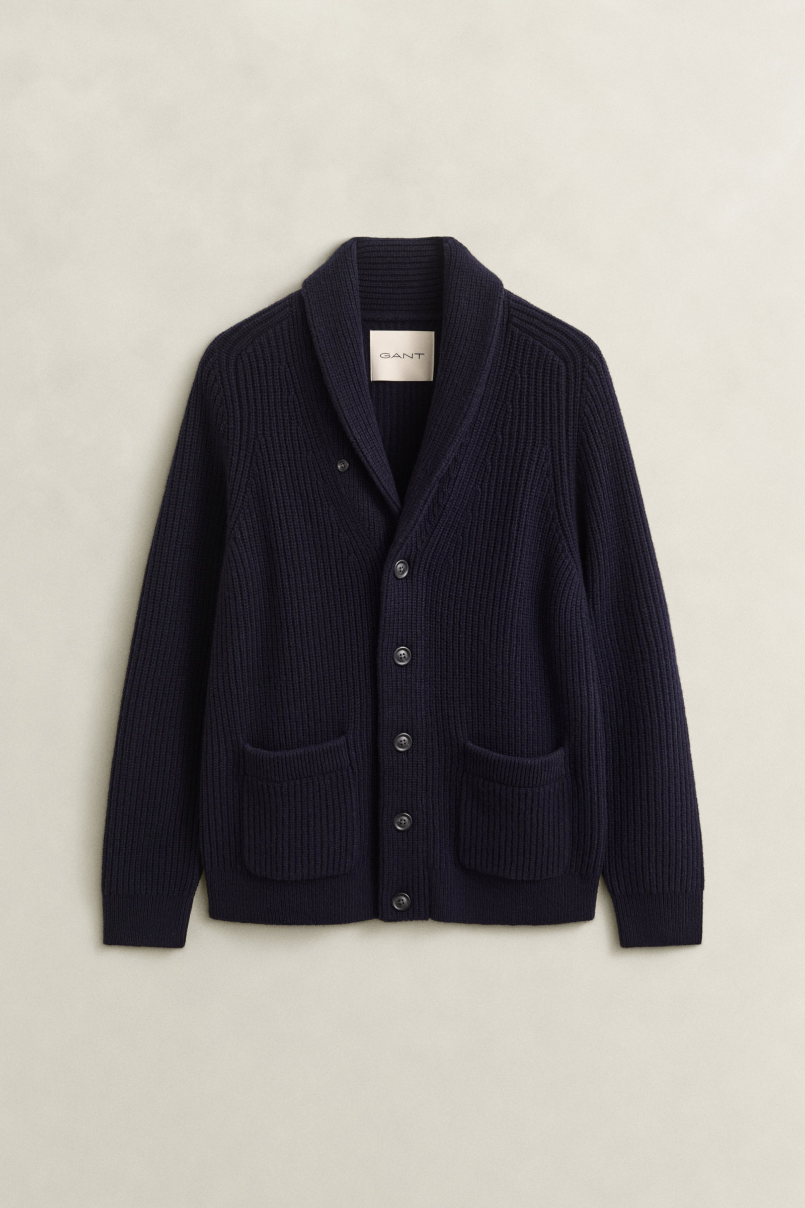 RIBBED WOOL BLEND SHAWL CARDIGAN, EVENING BLUE #1