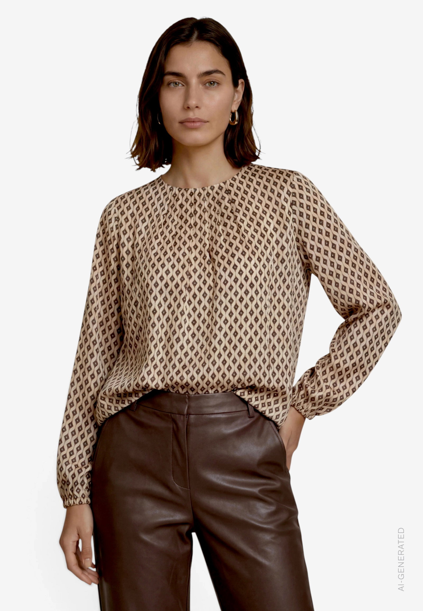 Bluse Kurz 1/1 Arm, Cream/Brown #2