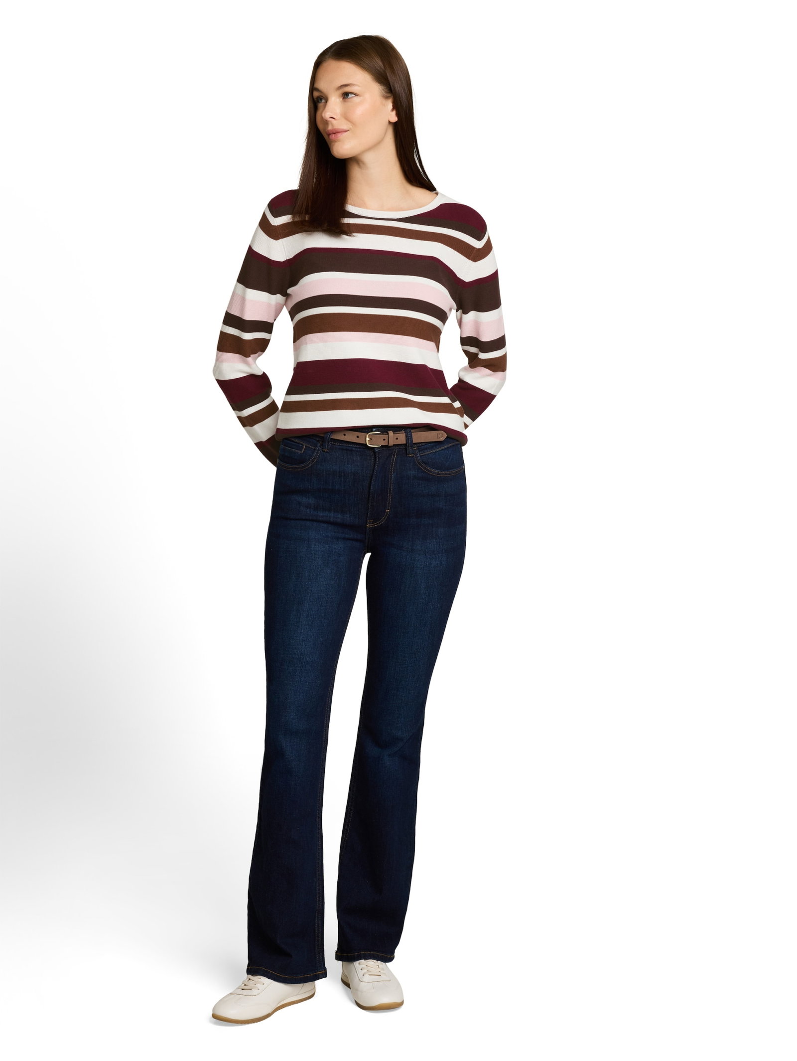 knit structure crewneck, camel brown red stripe #3