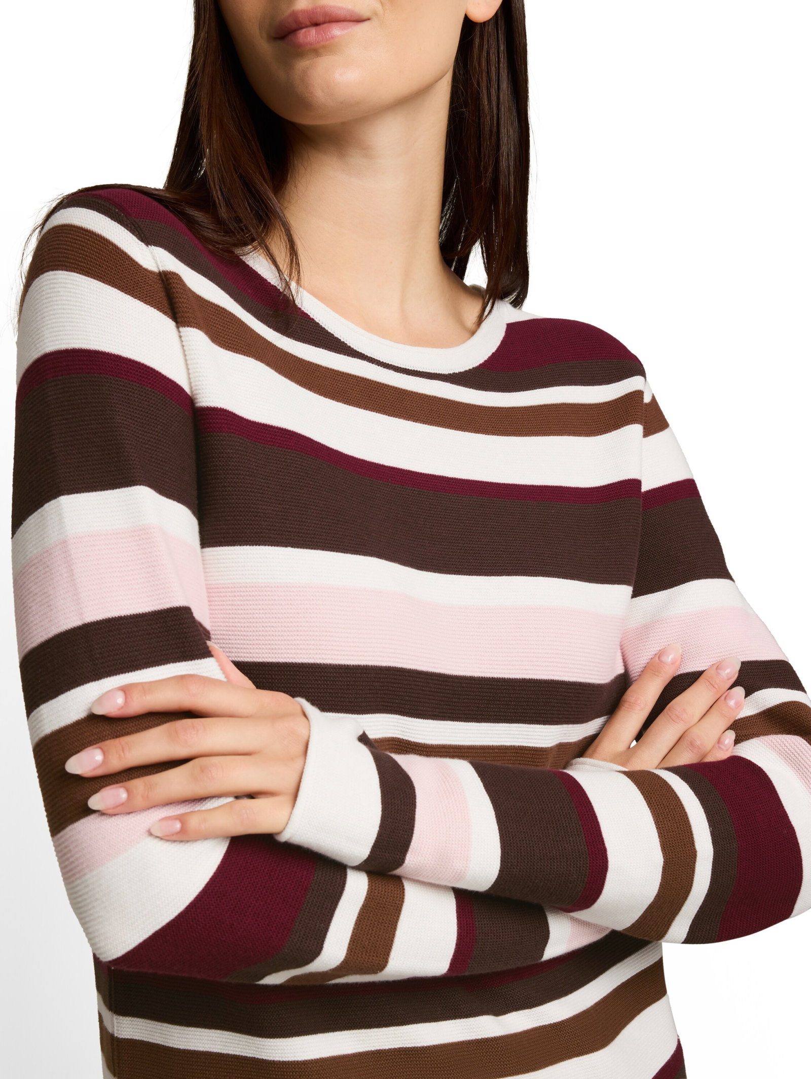 knit structure crewneck, camel brown red stripe #6