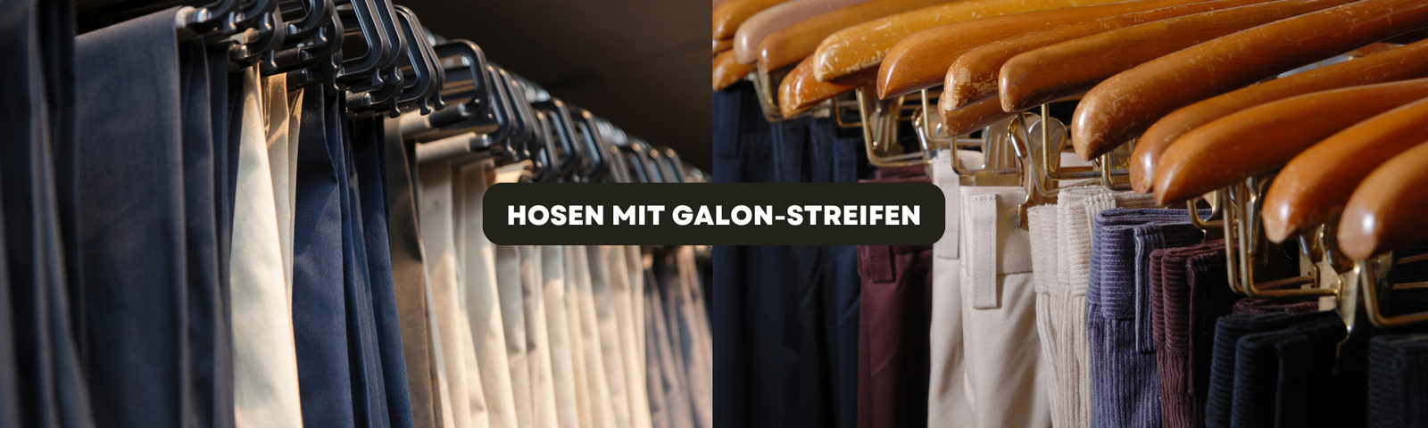 Mehrere Hosen mit Galonstreifen auf Kleiderbügeln in einem Modegeschäft