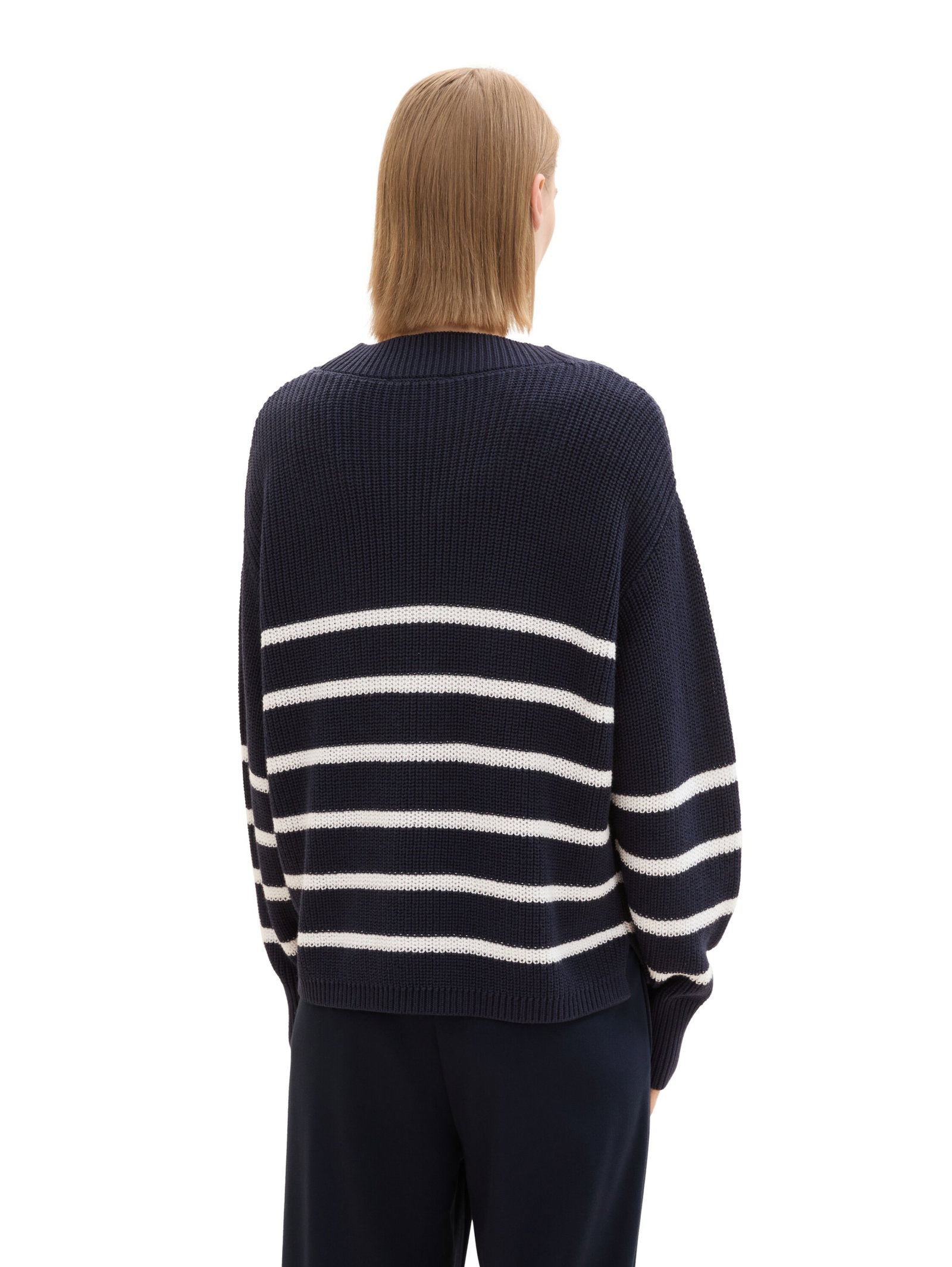 v-neck cardigan, placed navy white stripe #4